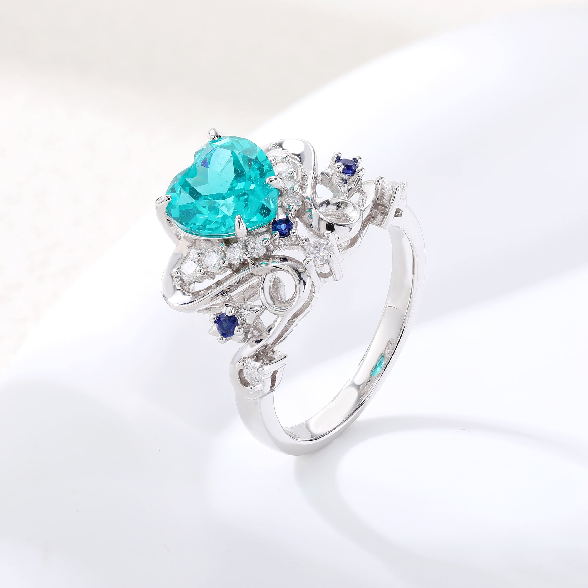 Colored Gemstone Halo Ring, Blue / Red / Light‑Green Center Stone, 18K White Gold / 925 Sterling Silver Bespoke Fine Jewelry