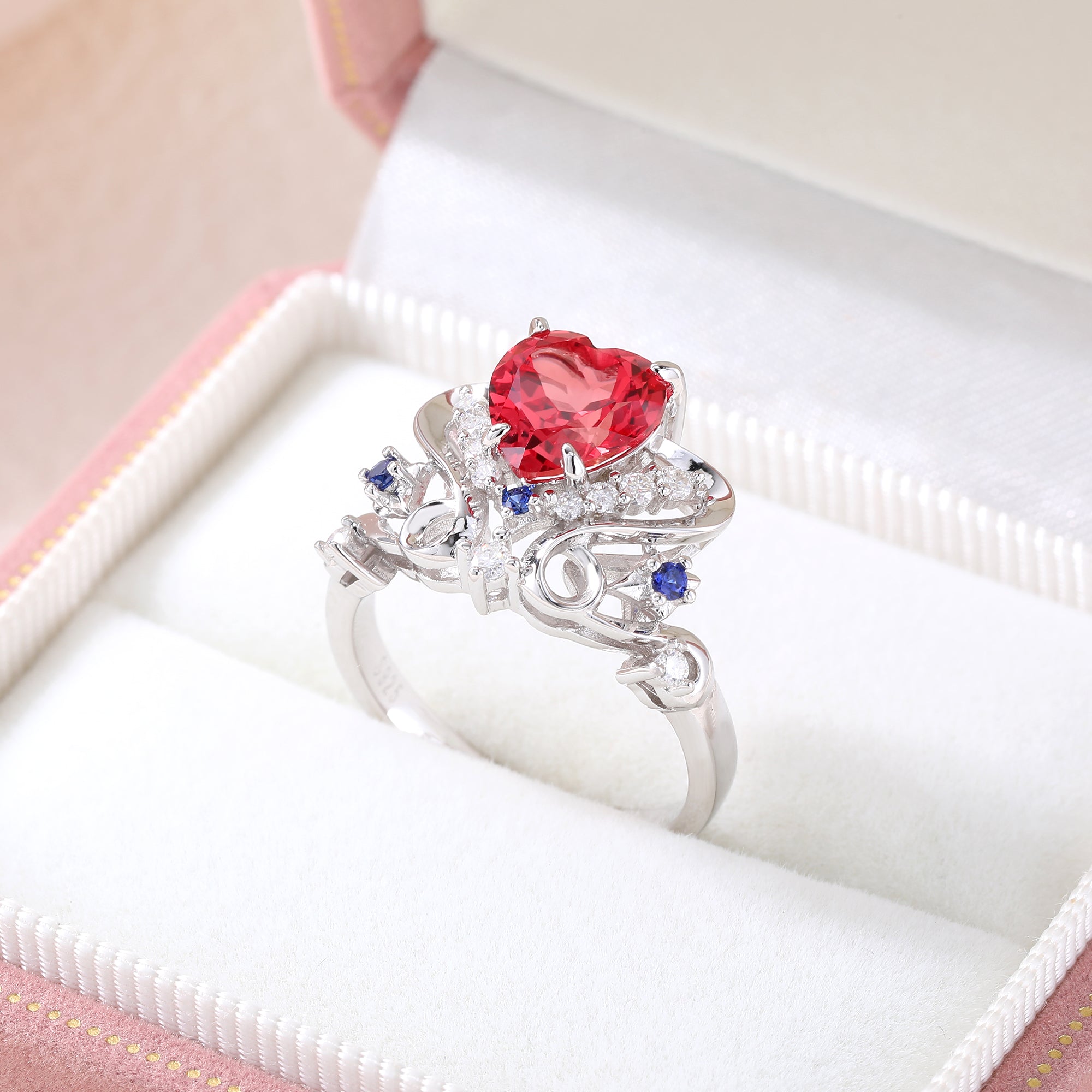 Colored Gemstone Halo Ring, Blue / Red / Light‑Green Center Stone, 18K White Gold / 925 Sterling Silver Bespoke Fine Jewelry