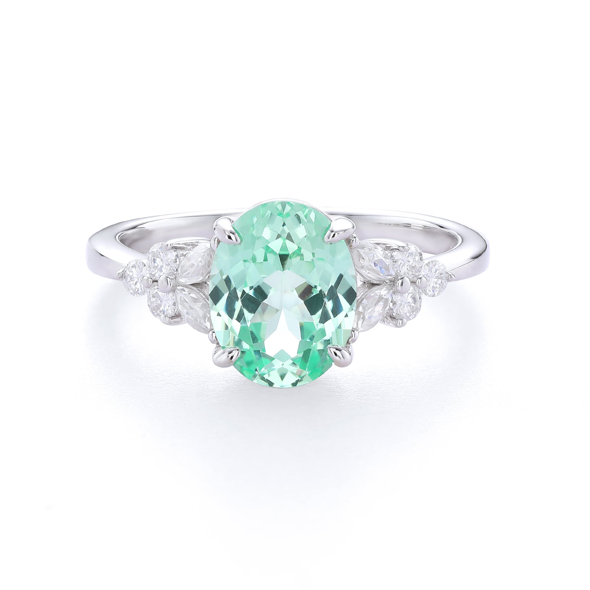 Oval Cut Colored Gemstone Ring, Marquise & Round Accent Stones, 18K Gold / 925 Sterling Silver Bespoke Fine Jewelry