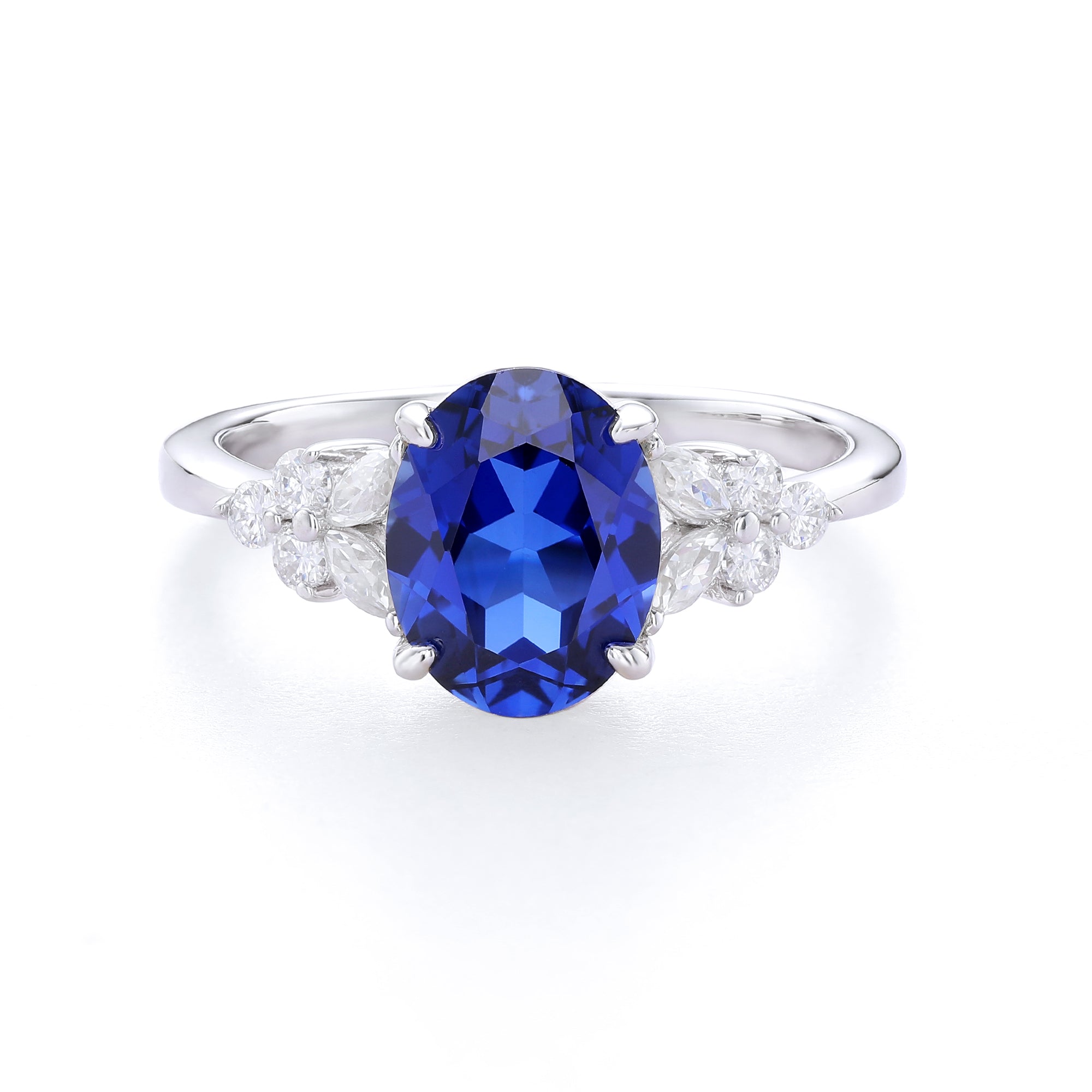 Oval Cut Colored Gemstone Ring, Marquise & Round Accent Stones, 18K Gold / 925 Sterling Silver Bespoke Fine Jewelry