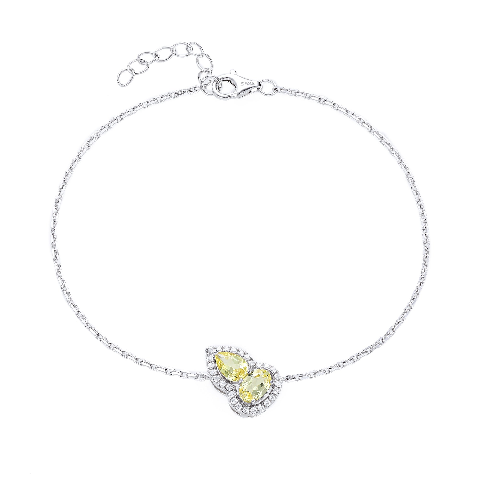 Dual‑Heart Halo Gemstone Chain Bracelet, Yellow / Red / Pink / Blue, 18K White Gold / 925 Sterling Silver Bespoke Fine Jewelry