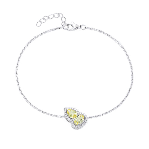 Dual‑Heart Halo Gemstone Chain Bracelet, Yellow / Red / Pink / Blue, 18K White Gold / 925 Sterling Silver Bespoke Fine Jewelry