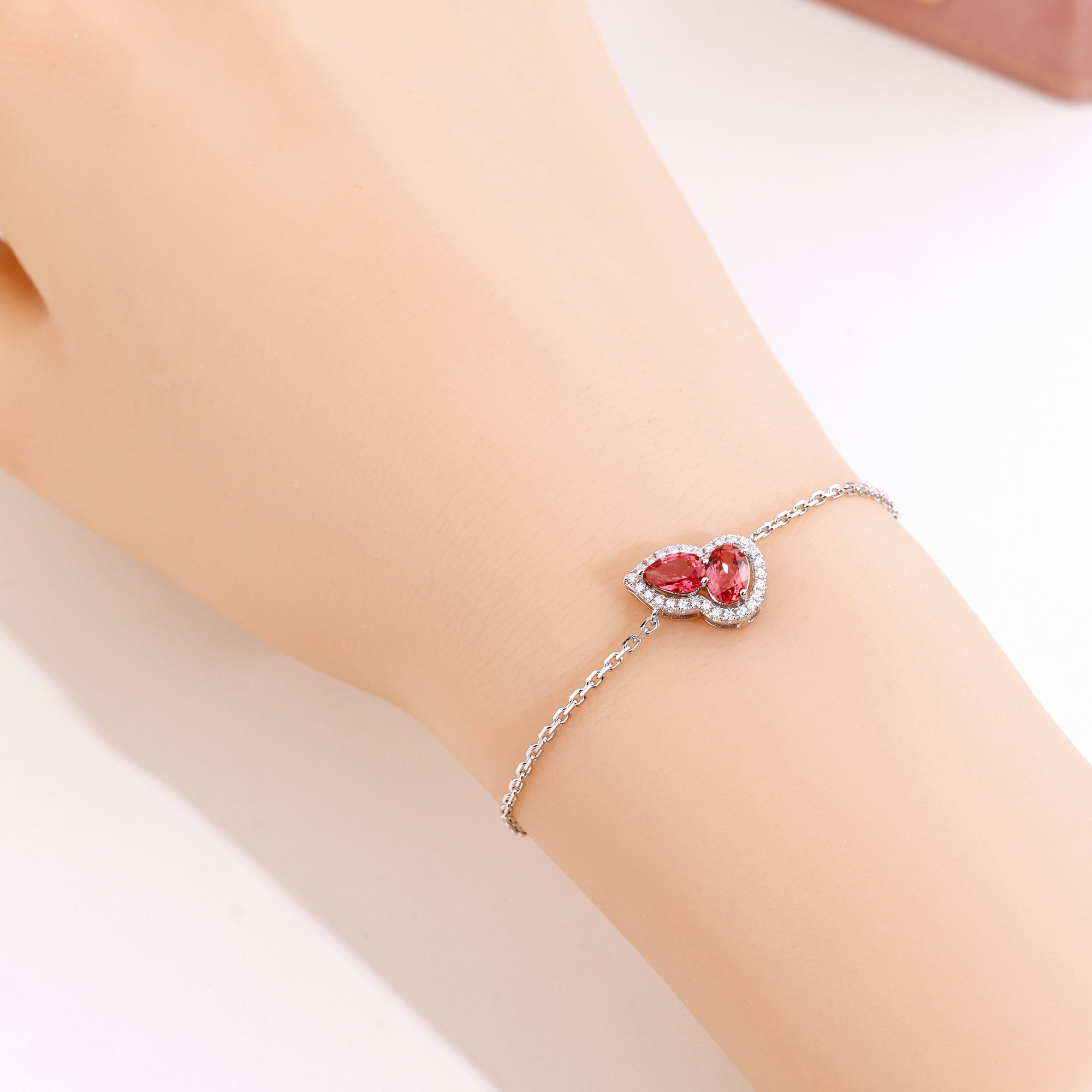 Dual‑Heart Halo Gemstone Chain Bracelet, Yellow / Red / Pink / Blue, 18K White Gold / 925 Sterling Silver Bespoke Fine Jewelry