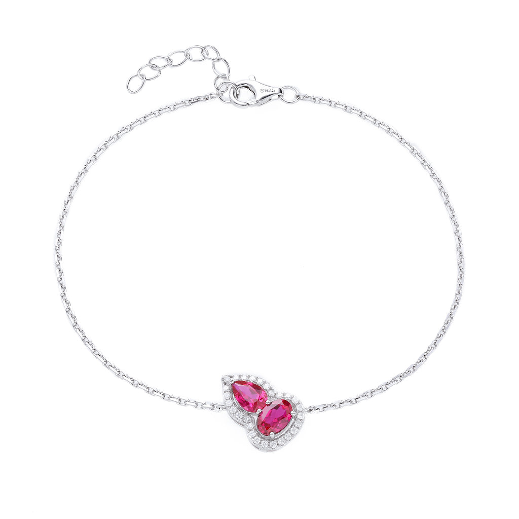 Dual‑Heart Halo Gemstone Chain Bracelet, Yellow / Red / Pink / Blue, 18K White Gold / 925 Sterling Silver Bespoke Fine Jewelry