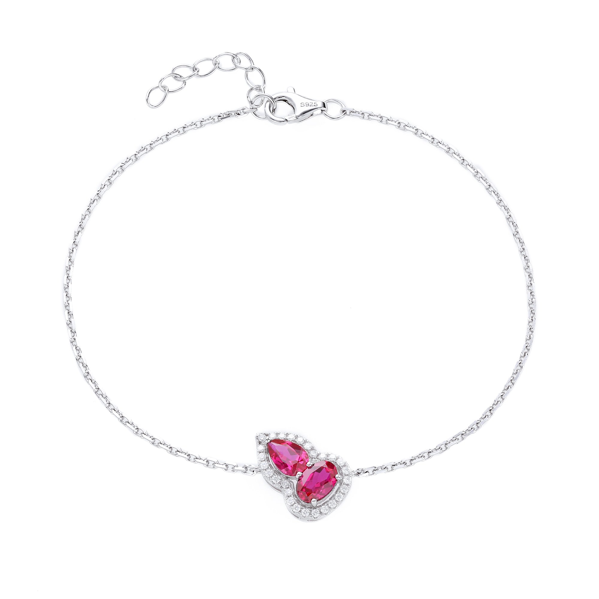 Dual‑Heart Halo Gemstone Chain Bracelet, Yellow / Red / Pink / Blue, 18K White Gold / 925 Sterling Silver Bespoke Fine Jewelry