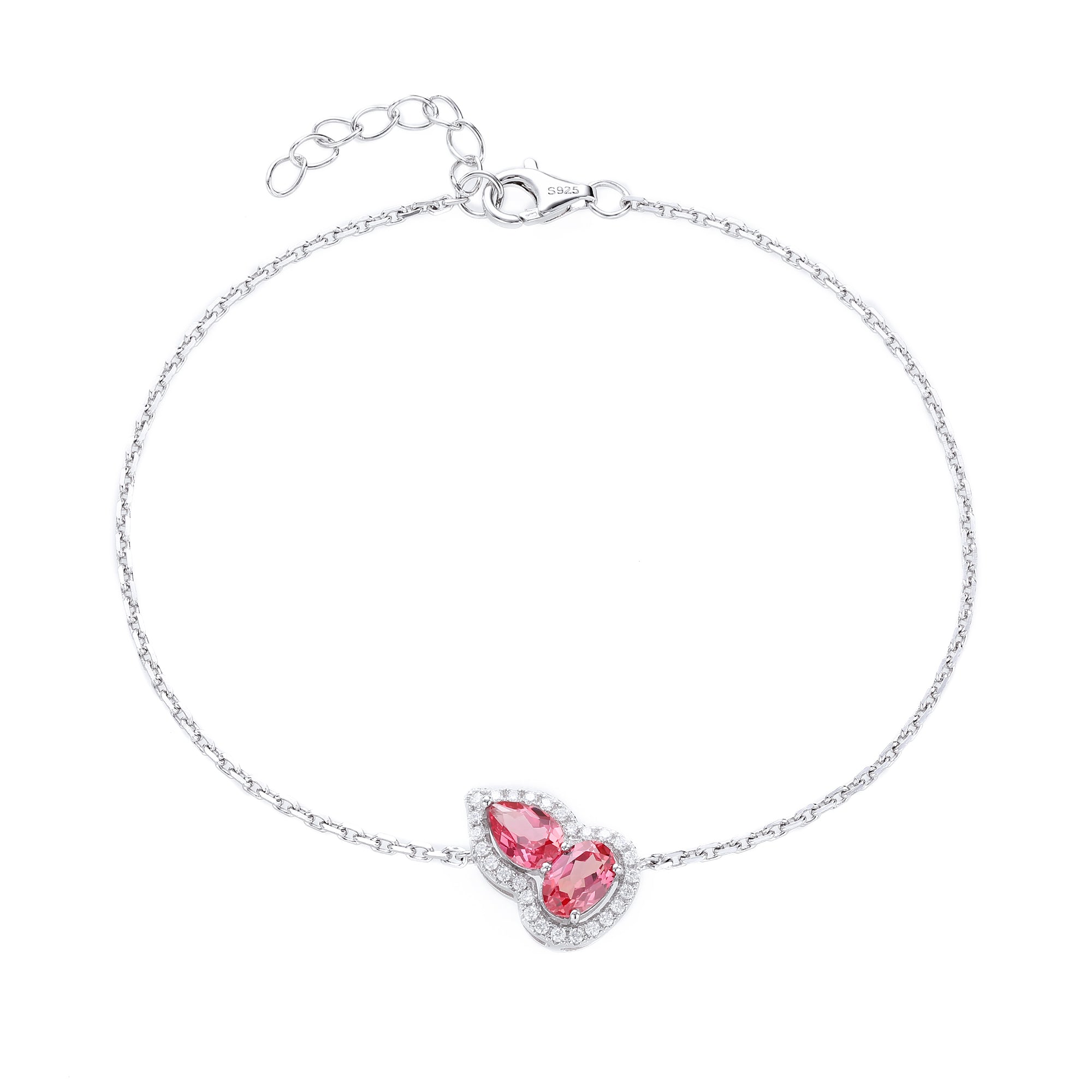 Dual‑Heart Halo Gemstone Chain Bracelet, Yellow / Red / Pink / Blue, 18K White Gold / 925 Sterling Silver Bespoke Fine Jewelry