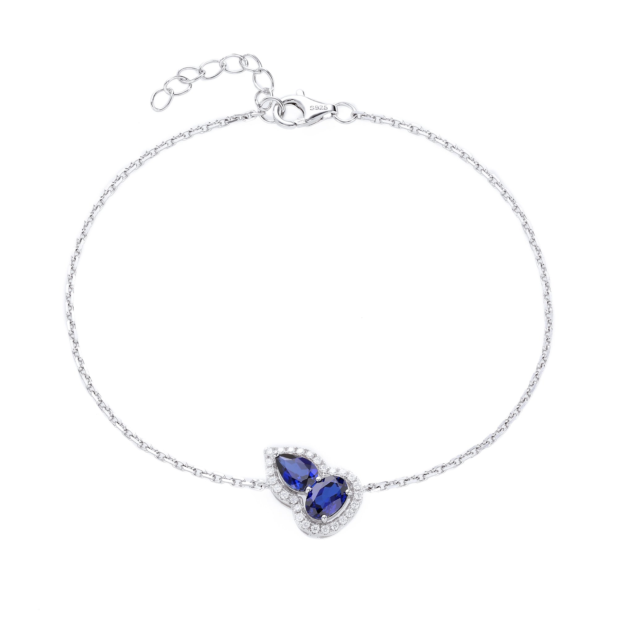 Dual‑Heart Halo Gemstone Chain Bracelet, Yellow / Red / Pink / Blue, 18K White Gold / 925 Sterling Silver Bespoke Fine Jewelry