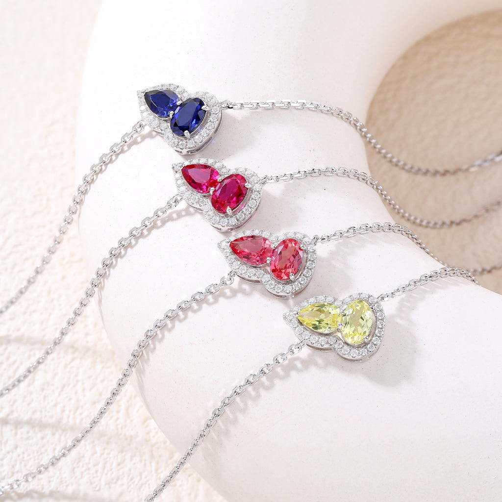 Dual‑Heart Halo Gemstone Chain Bracelet, Yellow / Red / Pink / Blue, 18K White Gold / 925 Sterling Silver Bespoke Fine Jewelry