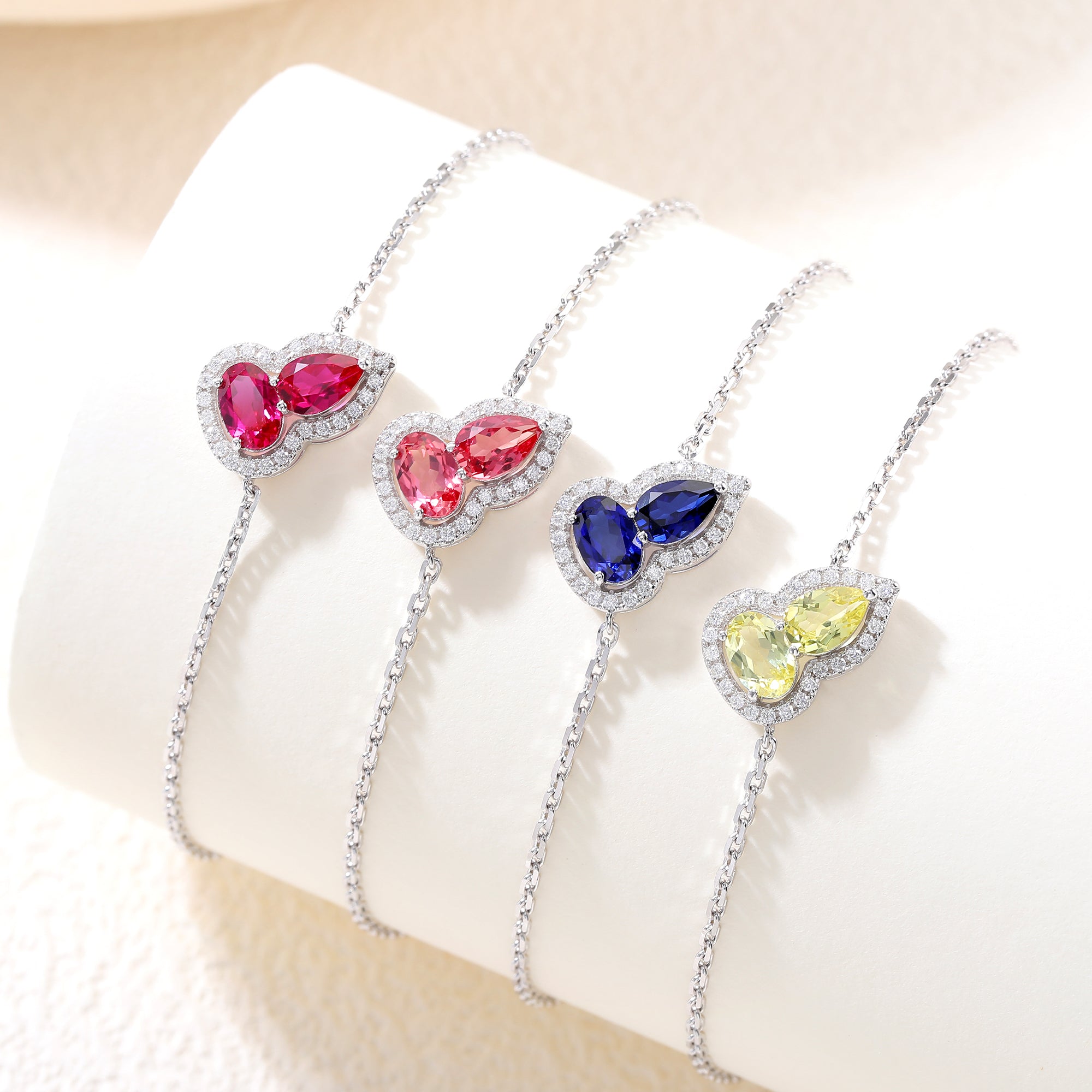 Dual‑Heart Halo Gemstone Chain Bracelet, Yellow / Red / Pink / Blue, 18K White Gold / 925 Sterling Silver Bespoke Fine Jewelry