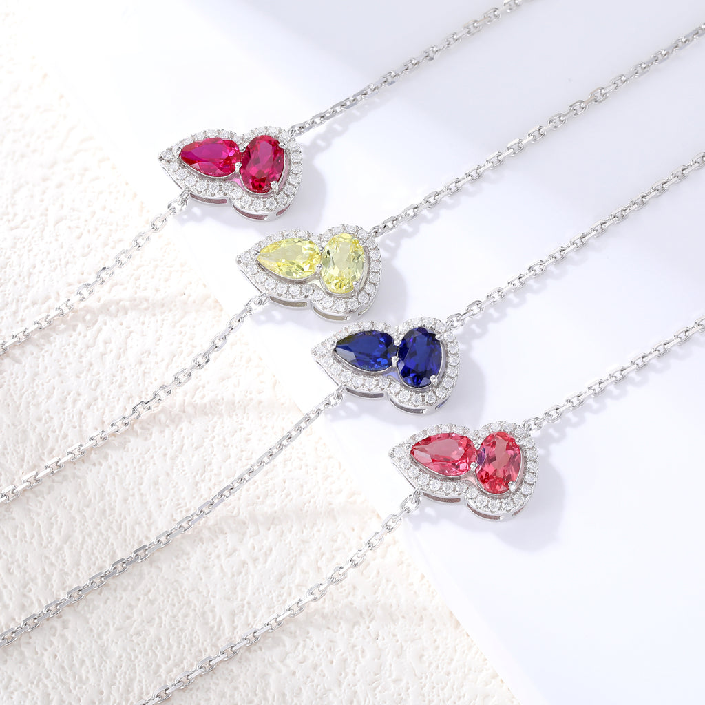 Dual‑Heart Halo Gemstone Chain Bracelet, Yellow / Red / Pink / Blue, 18K White Gold / 925 Sterling Silver Bespoke Fine Jewelry