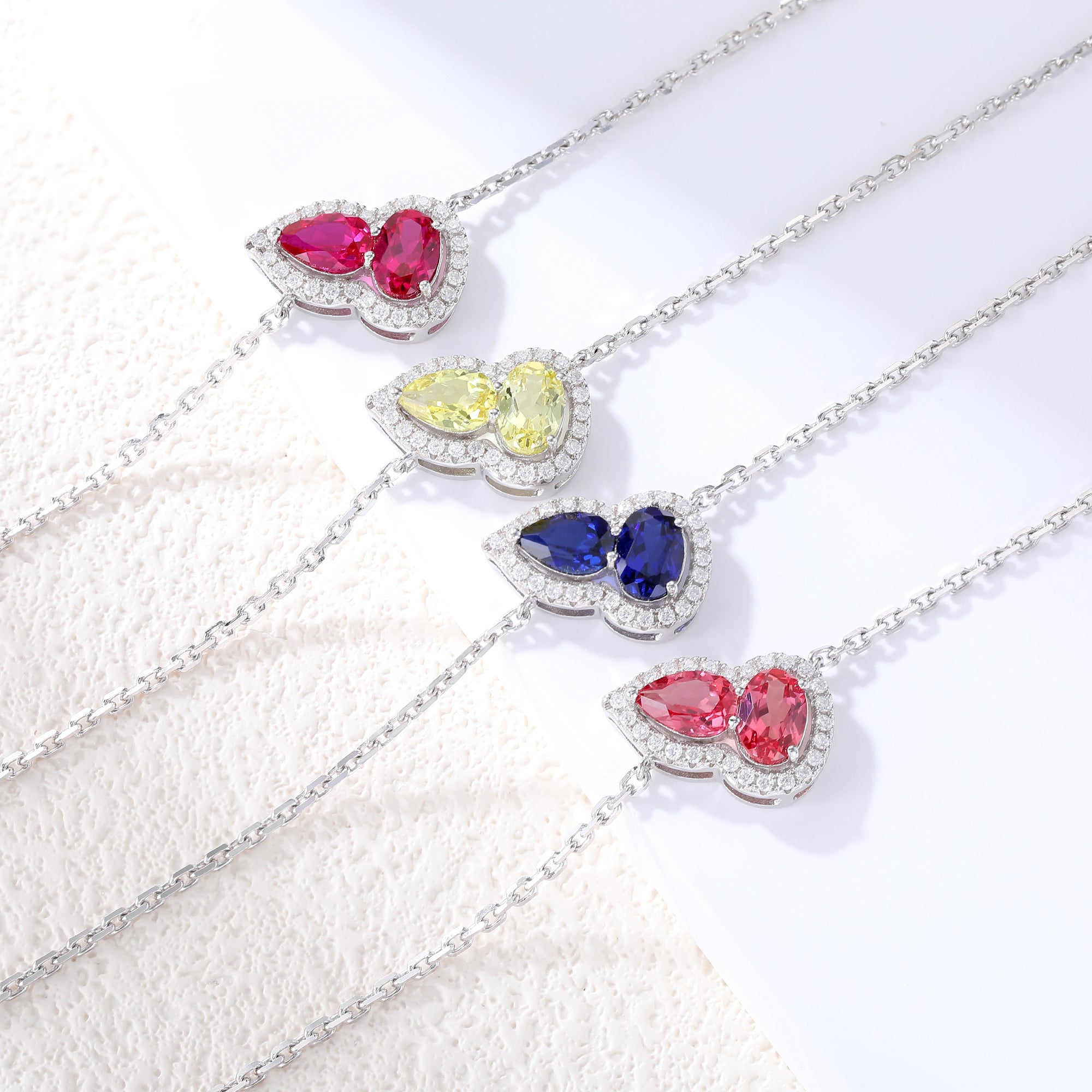 Dual‑Heart Halo Gemstone Chain Bracelet, Yellow / Red / Pink / Blue, 18K White Gold / 925 Sterling Silver Bespoke Fine Jewelry