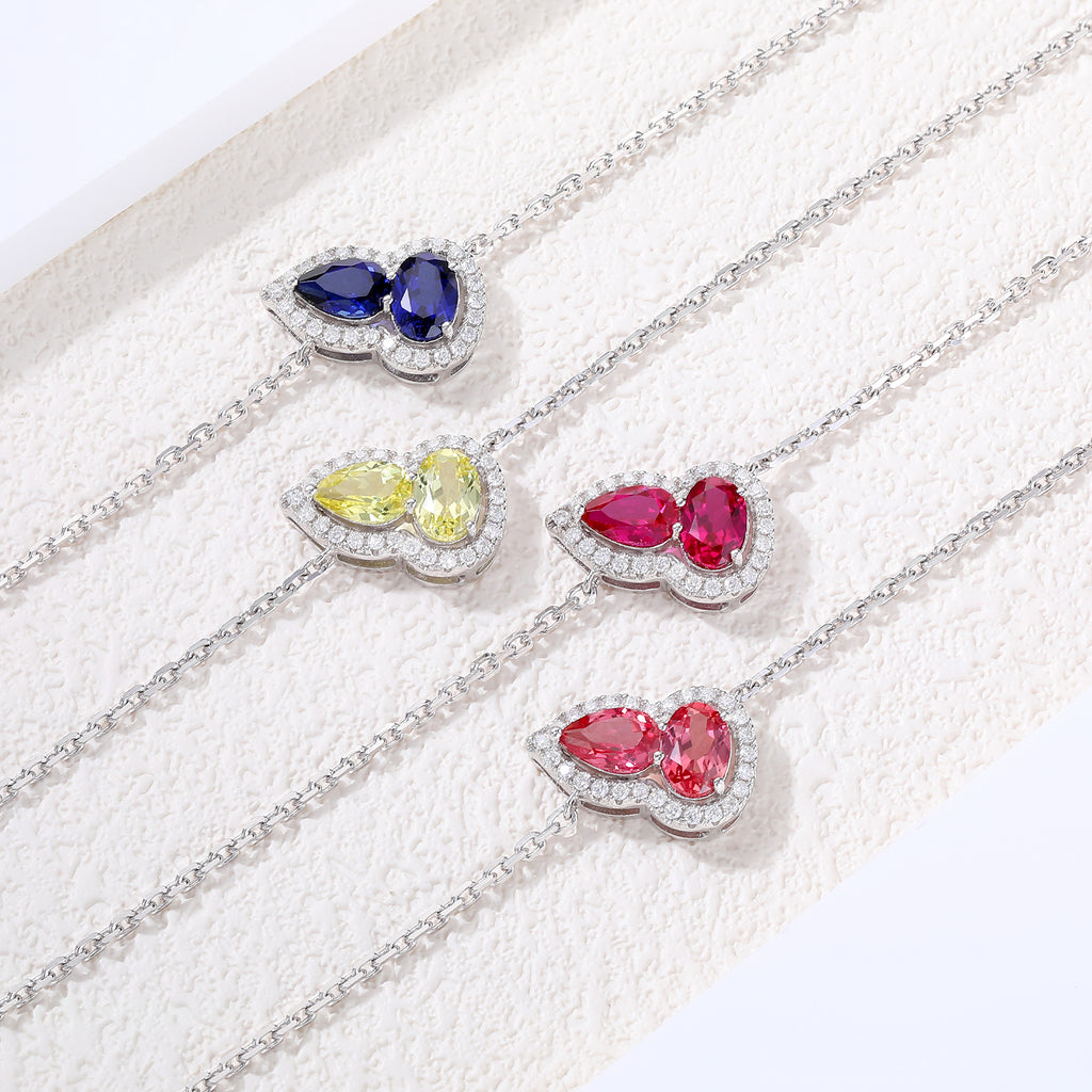 Dual‑Heart Halo Gemstone Chain Bracelet, Yellow / Red / Pink / Blue, 18K White Gold / 925 Sterling Silver Bespoke Fine Jewelry
