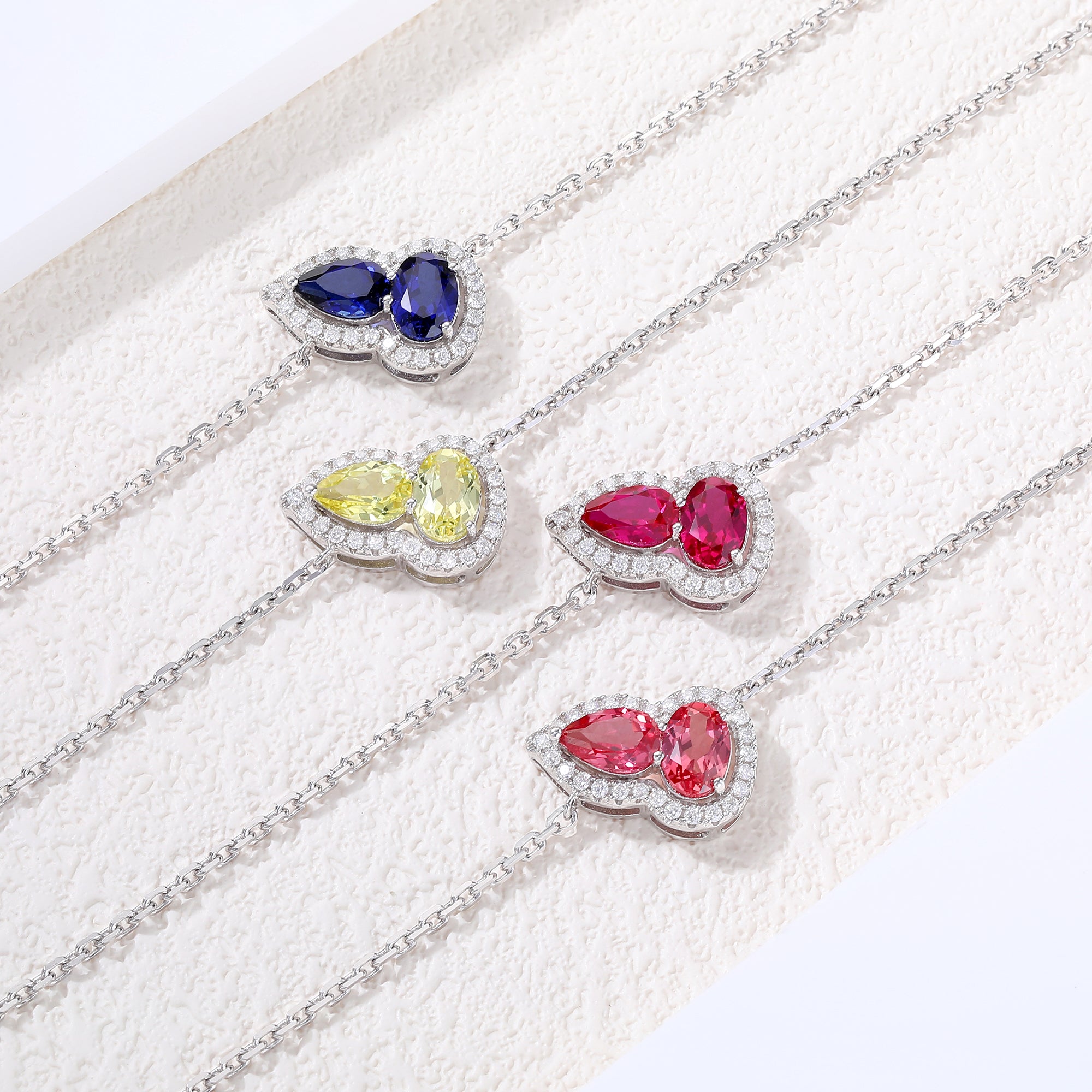 Dual‑Heart Halo Gemstone Chain Bracelet, Yellow / Red / Pink / Blue, 18K White Gold / 925 Sterling Silver Bespoke Fine Jewelry