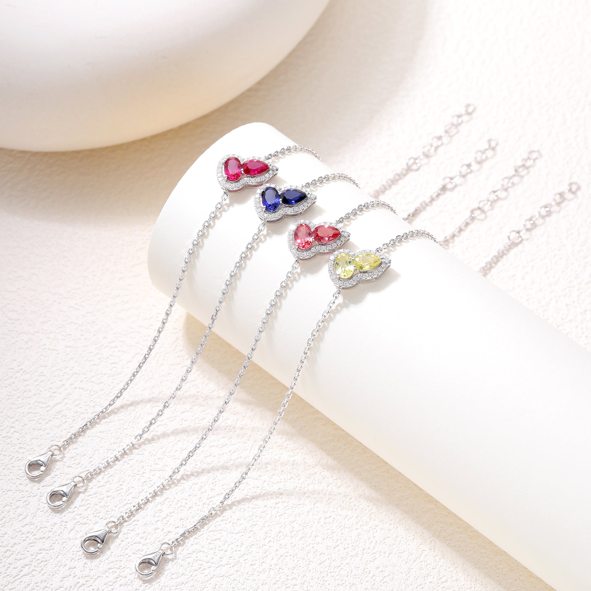 Dual‑Heart Halo Gemstone Chain Bracelet, Yellow / Red / Pink / Blue, 18K White Gold / 925 Sterling Silver Bespoke Fine Jewelry