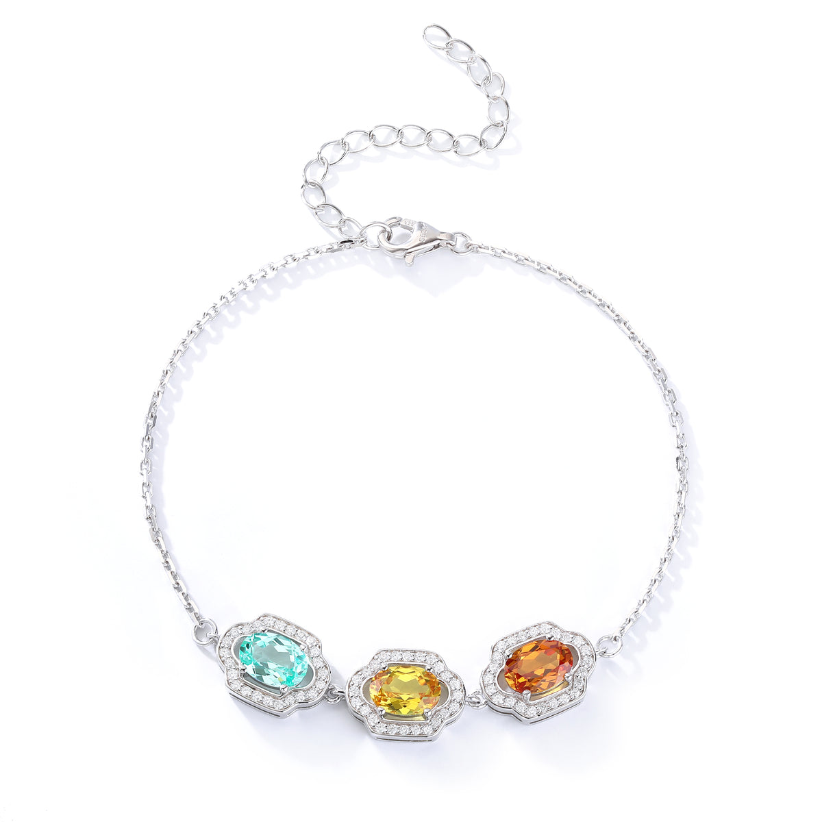 Three‑Stone Halo Oval Gemstone Silver Bracelet