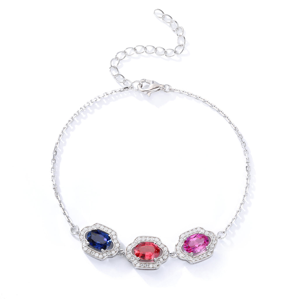 Three‑Stone Halo Oval Gemstone Silver Bracelet