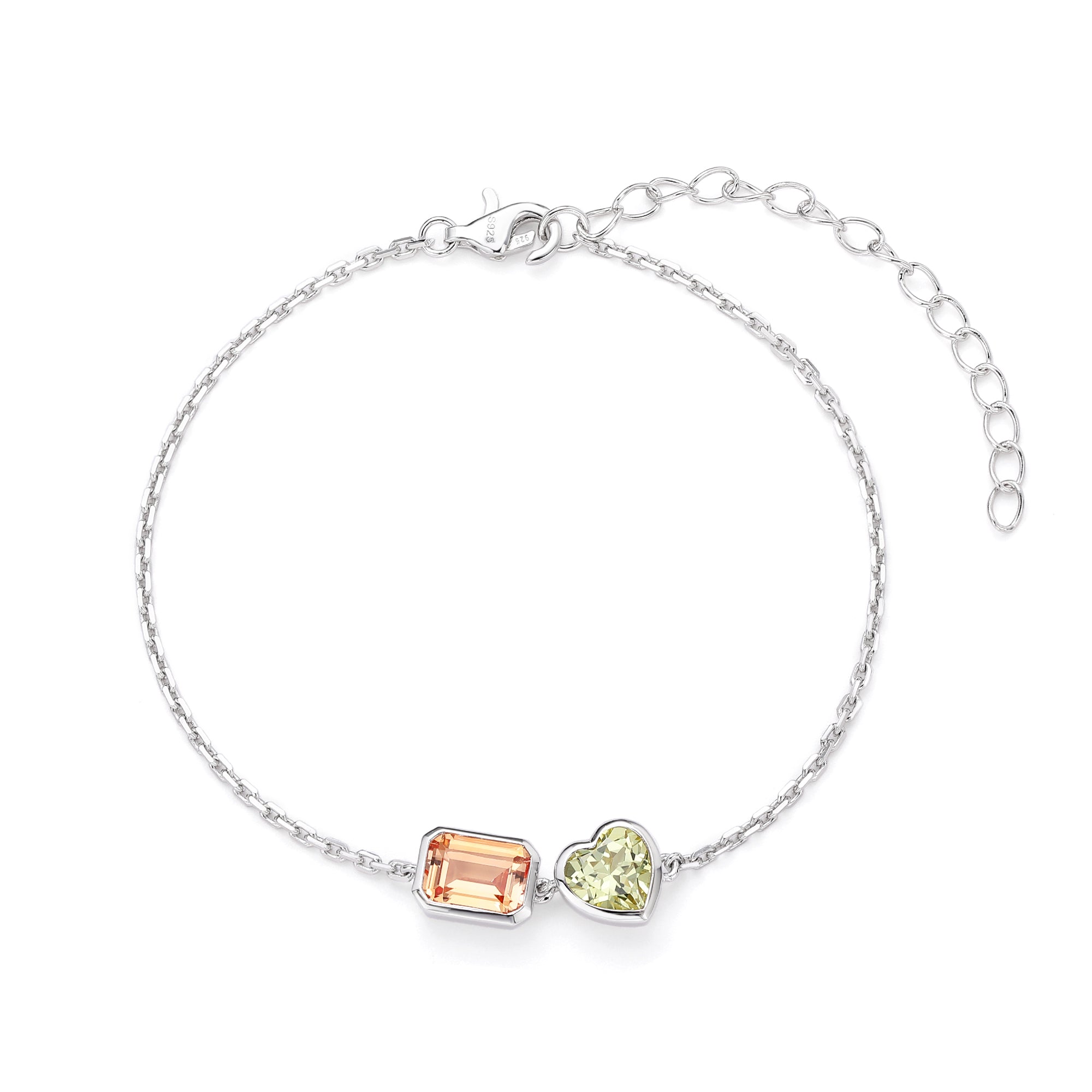 Two‑Stone Heart & Rectangle Gemstone Bracelet