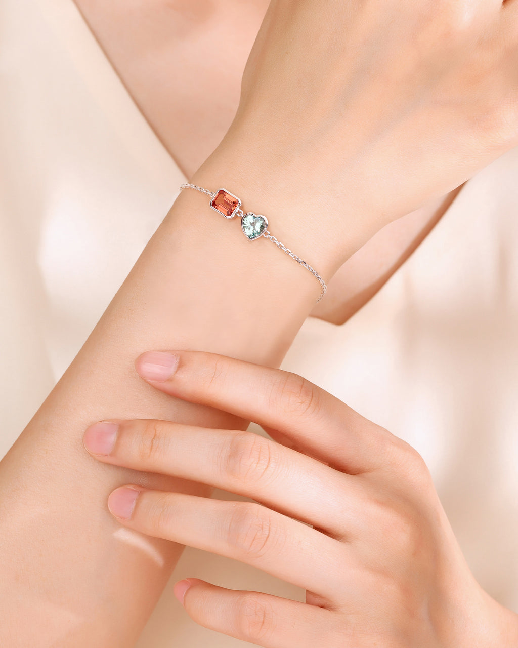 Two‑Stone Heart & Rectangle Gemstone Bracelet