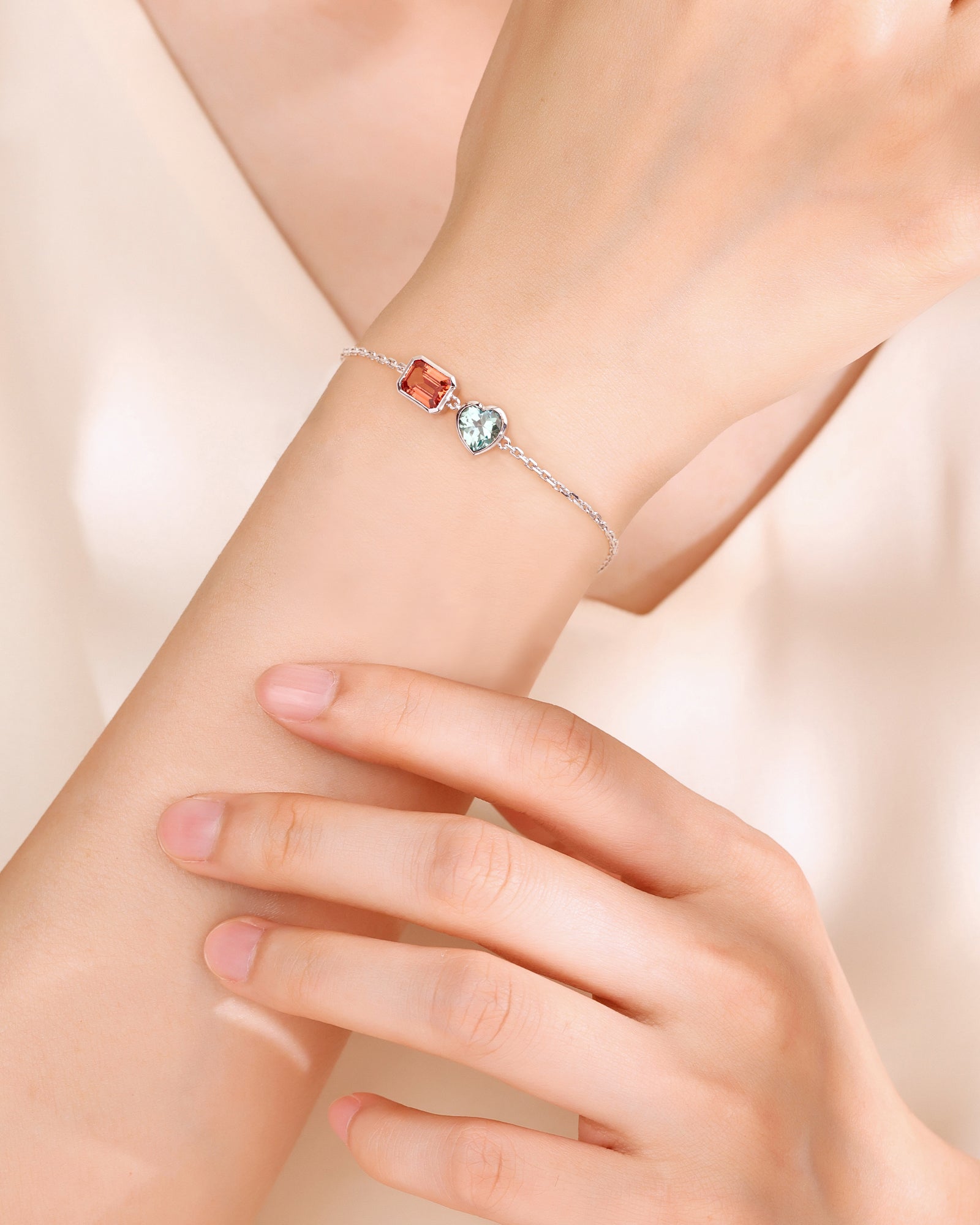 Two‑Stone Heart & Rectangle Gemstone Bracelet