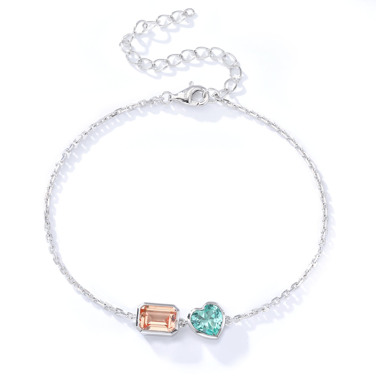Bracelet à deux pierres cœurs et gemme rectangulaire