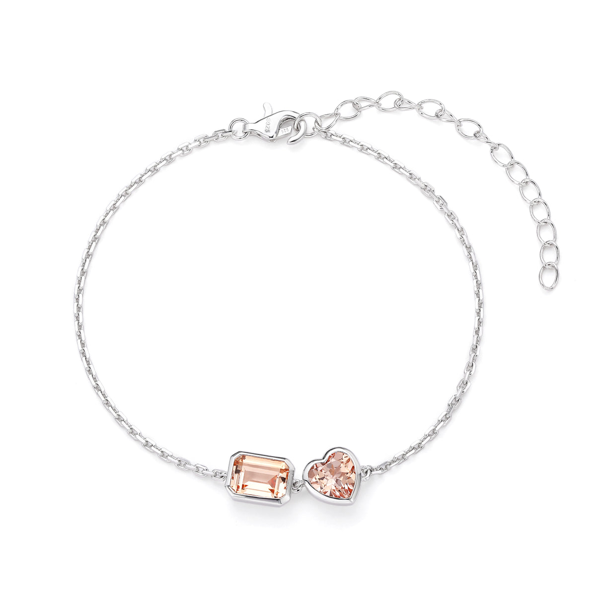 Bracelet à deux pierres cœurs et gemme rectangulaire