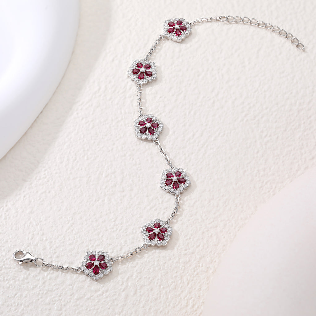Vintage Ruby Flower Silver Bracelet