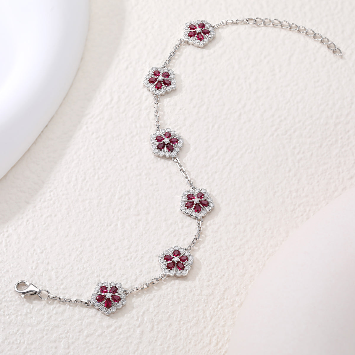 Vintage Ruby Flower Silver Bracelet