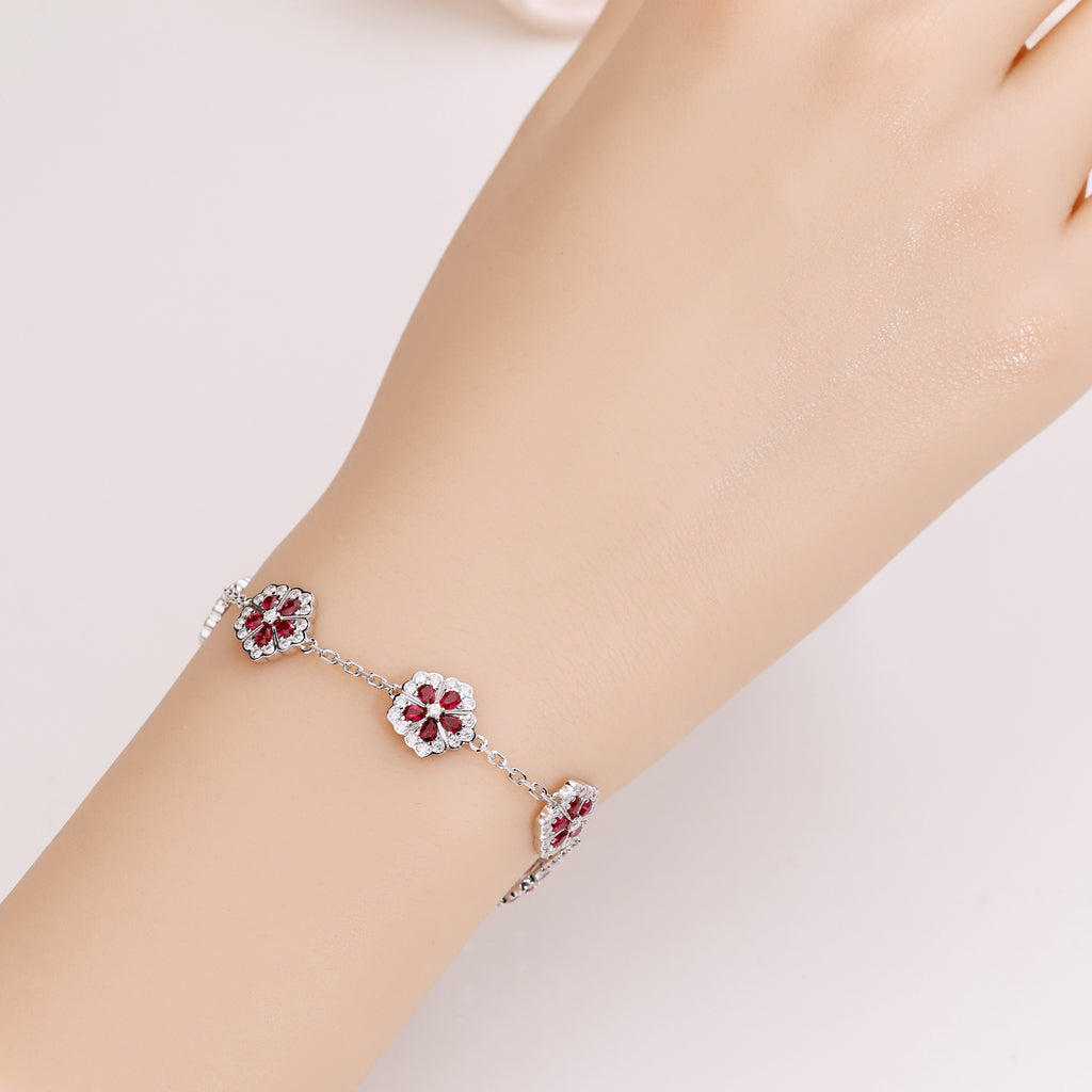 Vintage Ruby Flower Silver Bracelet