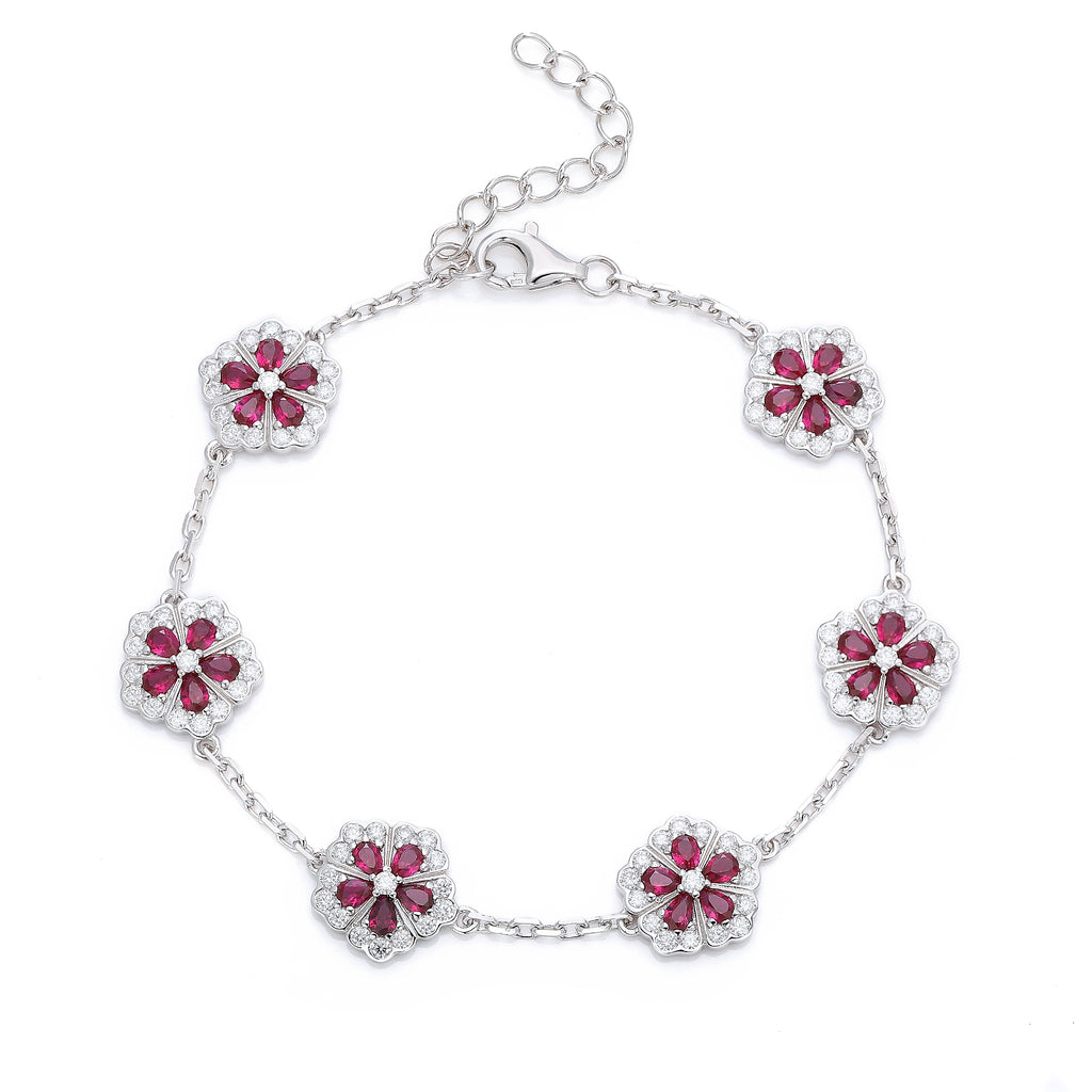 Vintage Ruby Flower Silver Bracelet