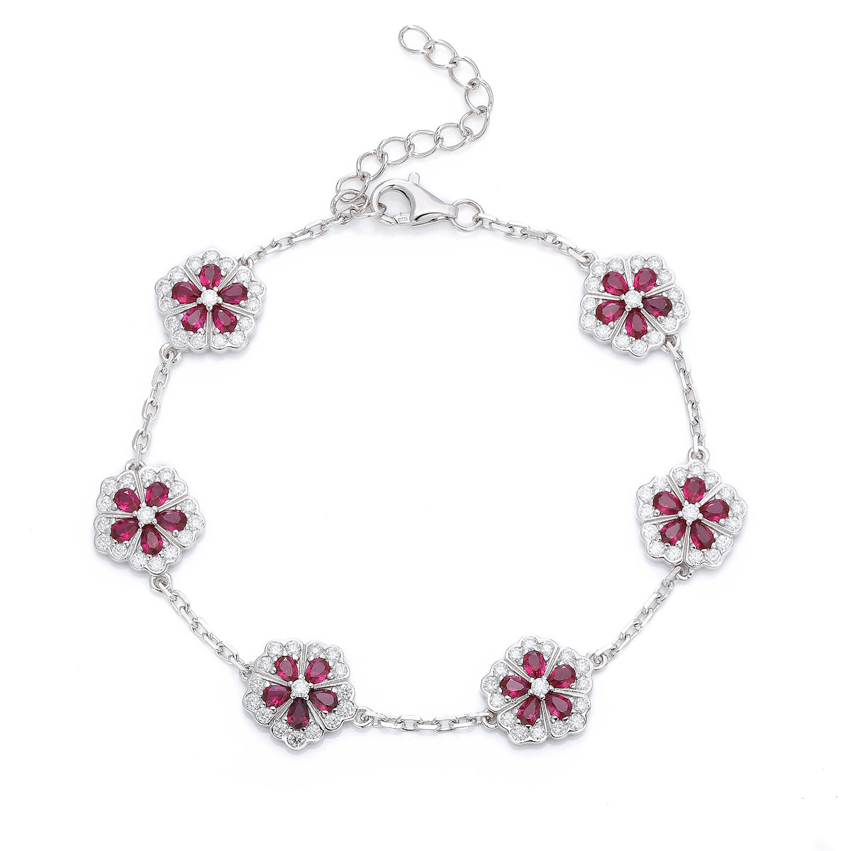 Vintage Ruby Flower Silver Bracelet