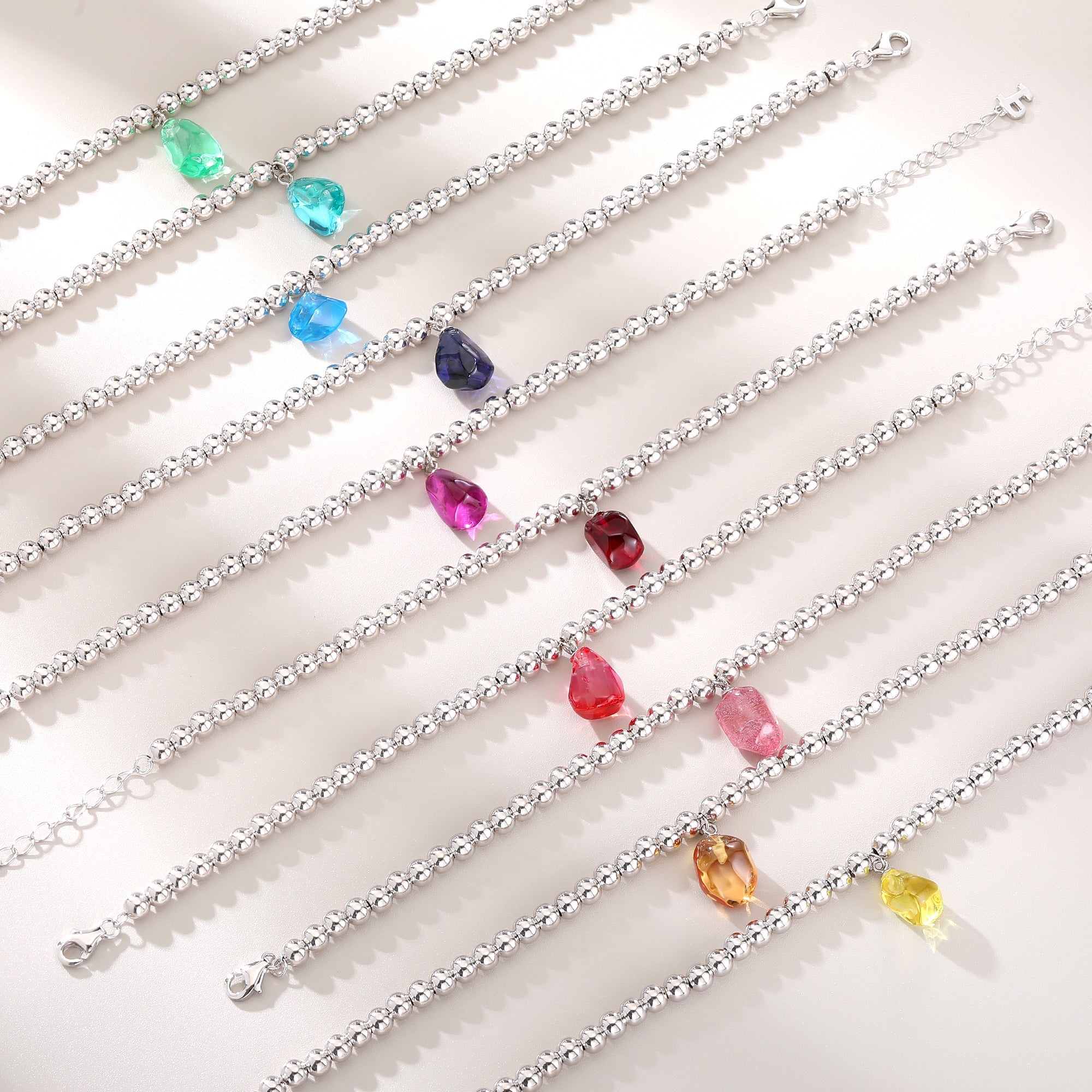 Bean‑Shape Candy Gemstone Bead Bracelet, Yellow / Red / Blue / Pink / Light Green, 18K White Gold / 925 Sterling Silver Bespoke Fine Jewelry