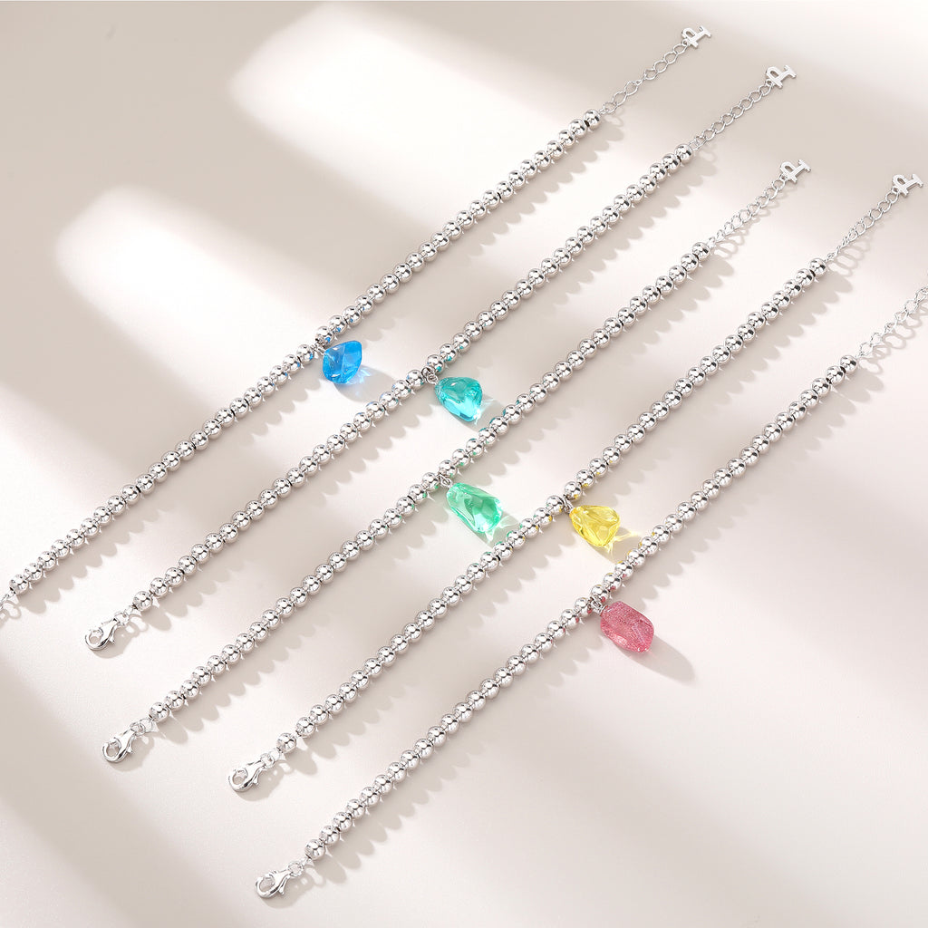 Bean‑Shape Candy Gemstone Bead Bracelet, Yellow / Red / Blue / Pink / Light Green, 18K White Gold / 925 Sterling Silver Bespoke Fine Jewelry