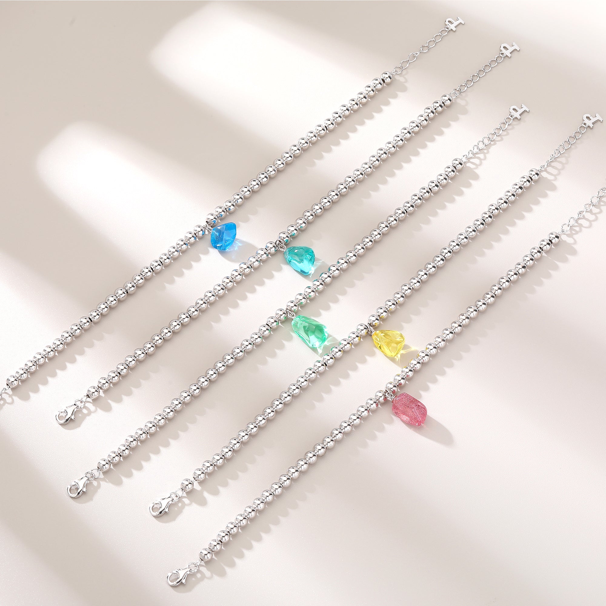 Bean‑Shape Candy Gemstone Bead Bracelet, Yellow / Red / Blue / Pink / Light Green, 18K White Gold / 925 Sterling Silver Bespoke Fine Jewelry