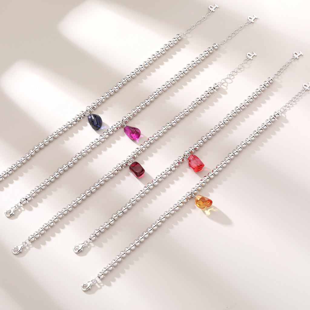 Bean‑Shape Candy Gemstone Bead Bracelet, Yellow / Red / Blue / Pink / Light Green, 18K White Gold / 925 Sterling Silver Bespoke Fine Jewelry