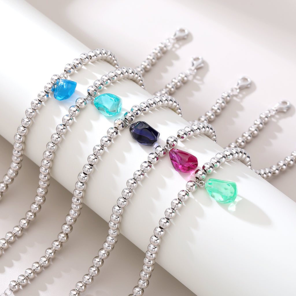Bean‑Shape Candy Gemstone Bead Bracelet, Yellow / Red / Blue / Pink / Light Green, 18K White Gold / 925 Sterling Silver Bespoke Fine Jewelry