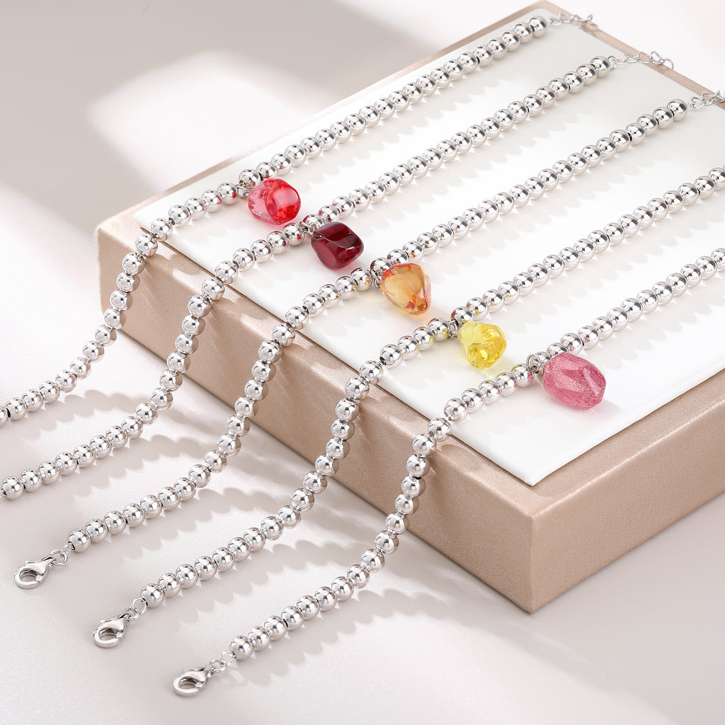 Bean‑Shape Candy Gemstone Bead Bracelet, Yellow / Red / Blue / Pink / Light Green, 18K White Gold / 925 Sterling Silver Bespoke Fine Jewelry