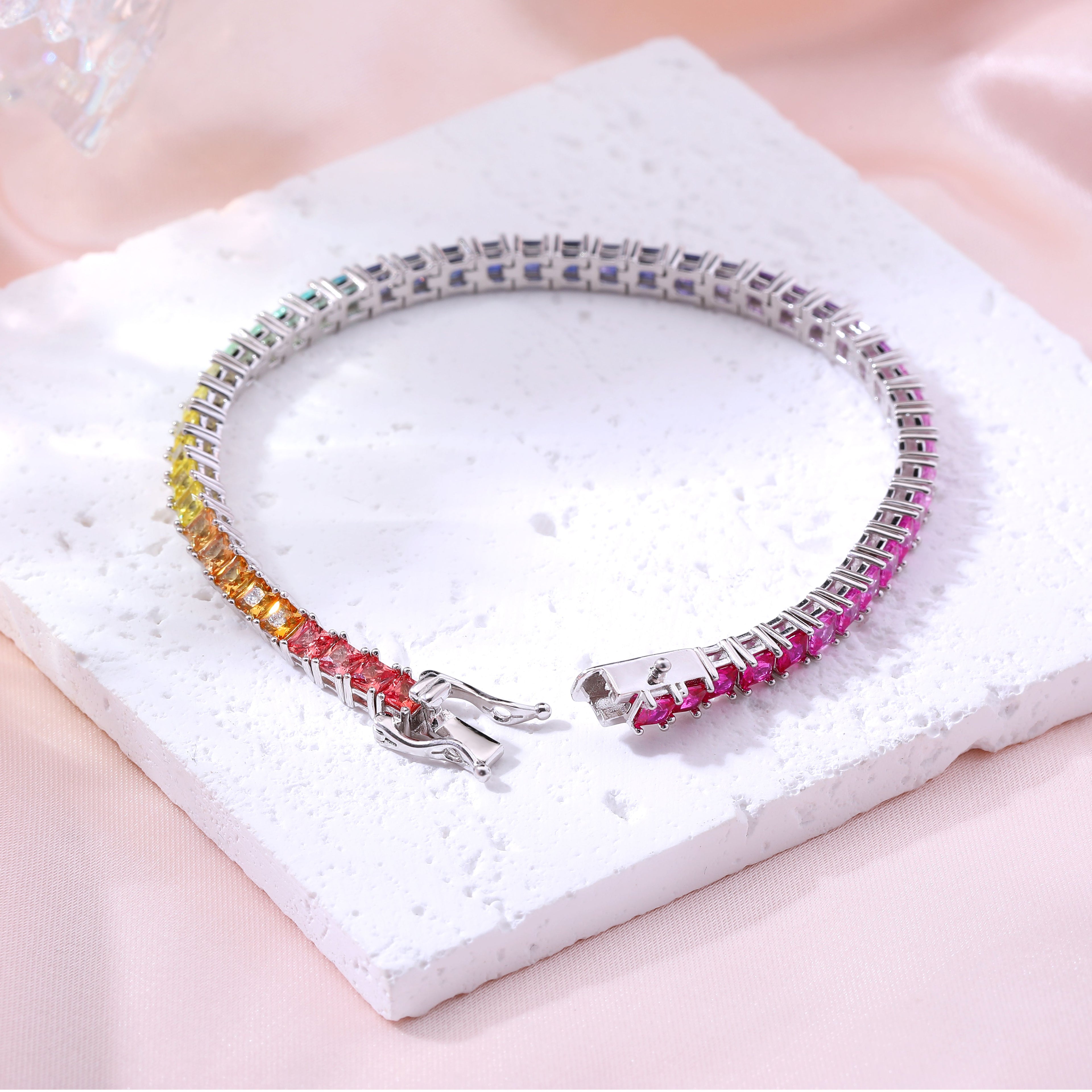 Rainbow Princess‑Cut Tennis Bracelet, Multi‑Color Square Gemstone, Available in Round Stones, S925 Sterling Silver Bespoke Fine Jewelry
