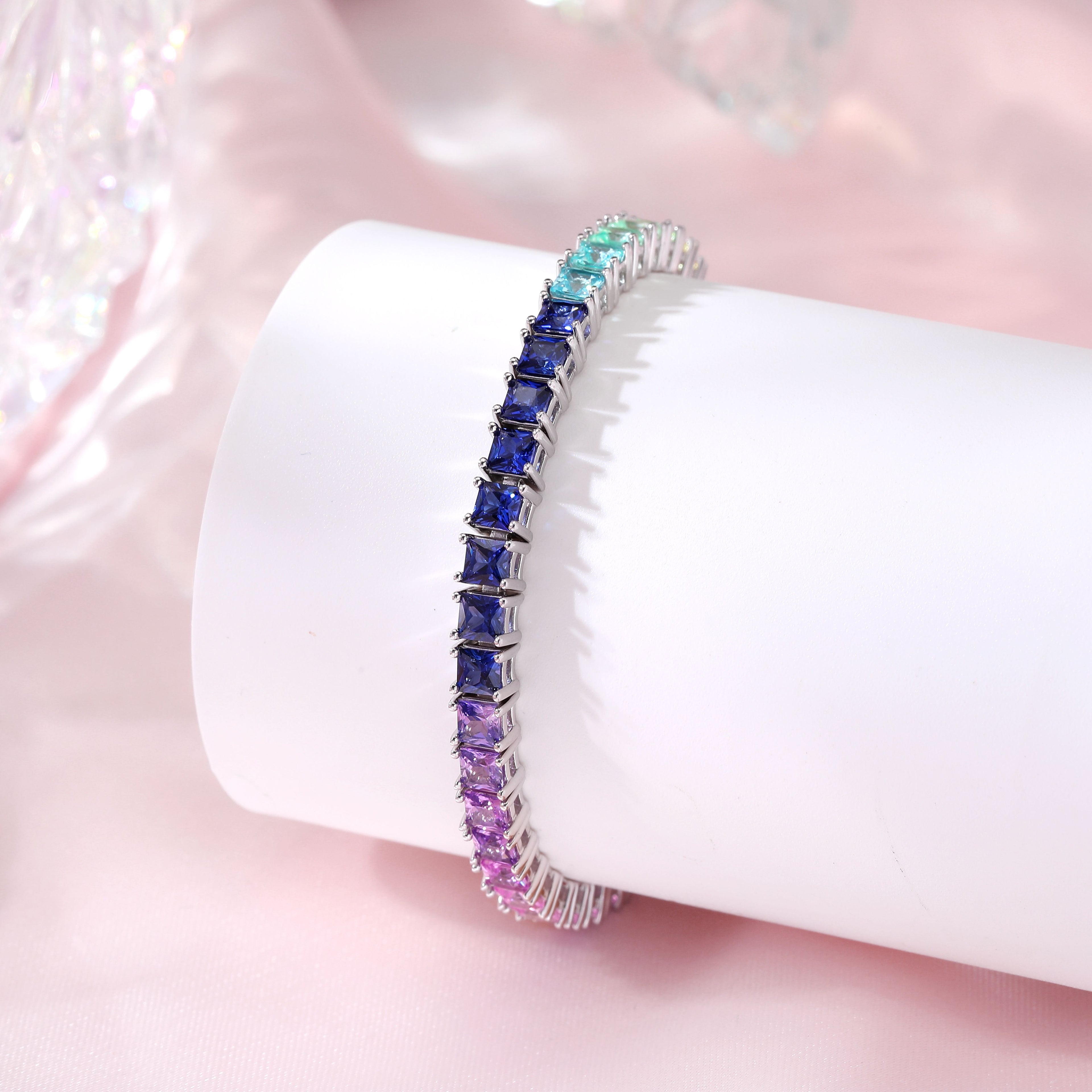 Rainbow Princess‑Cut Tennis Bracelet, Multi‑Color Square Gemstone, Available in Round Stones, S925 Sterling Silver Bespoke Fine Jewelry