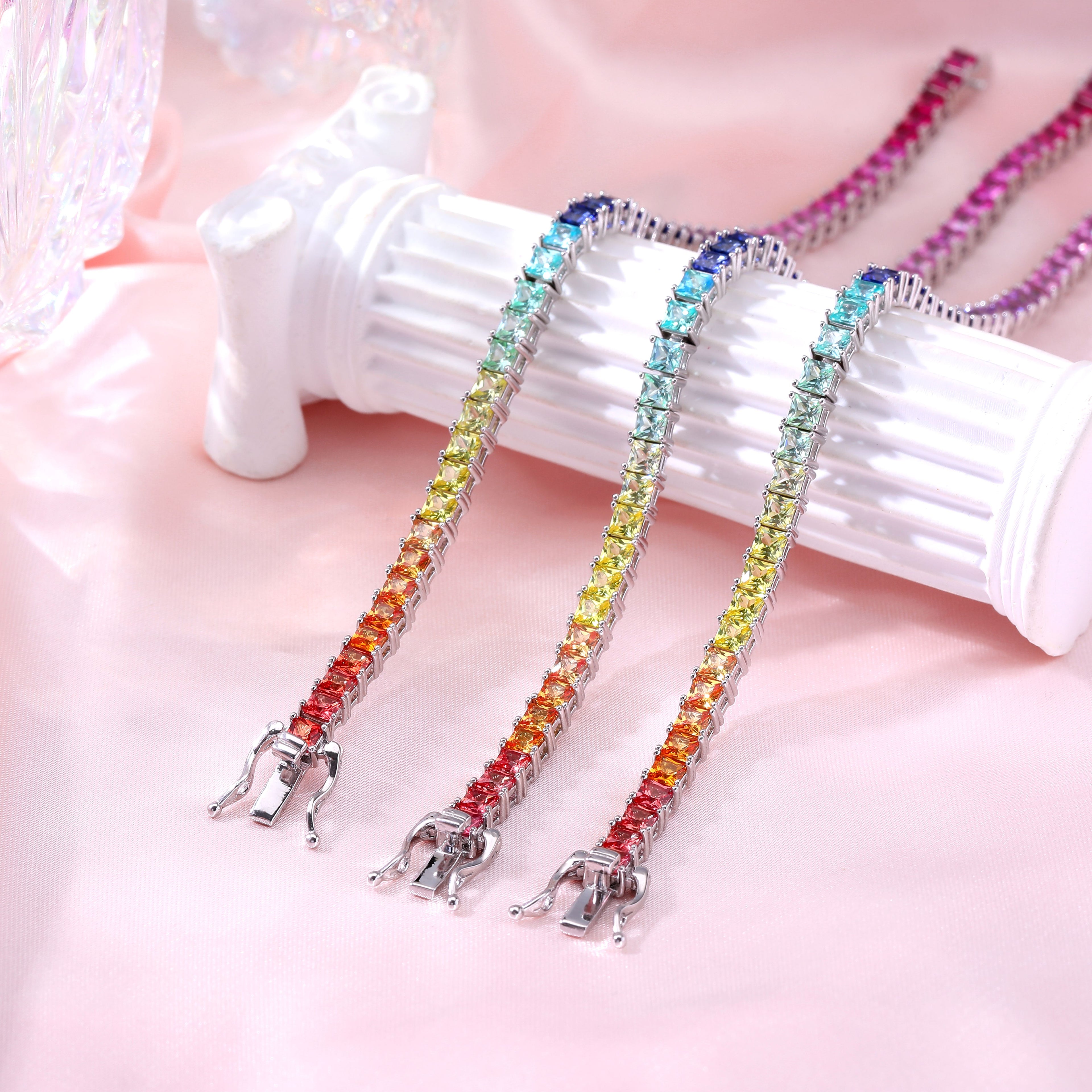 Rainbow Princess‑Cut Tennis Bracelet, Multi‑Color Square Gemstone, Available in Round Stones, S925 Sterling Silver Bespoke Fine Jewelry