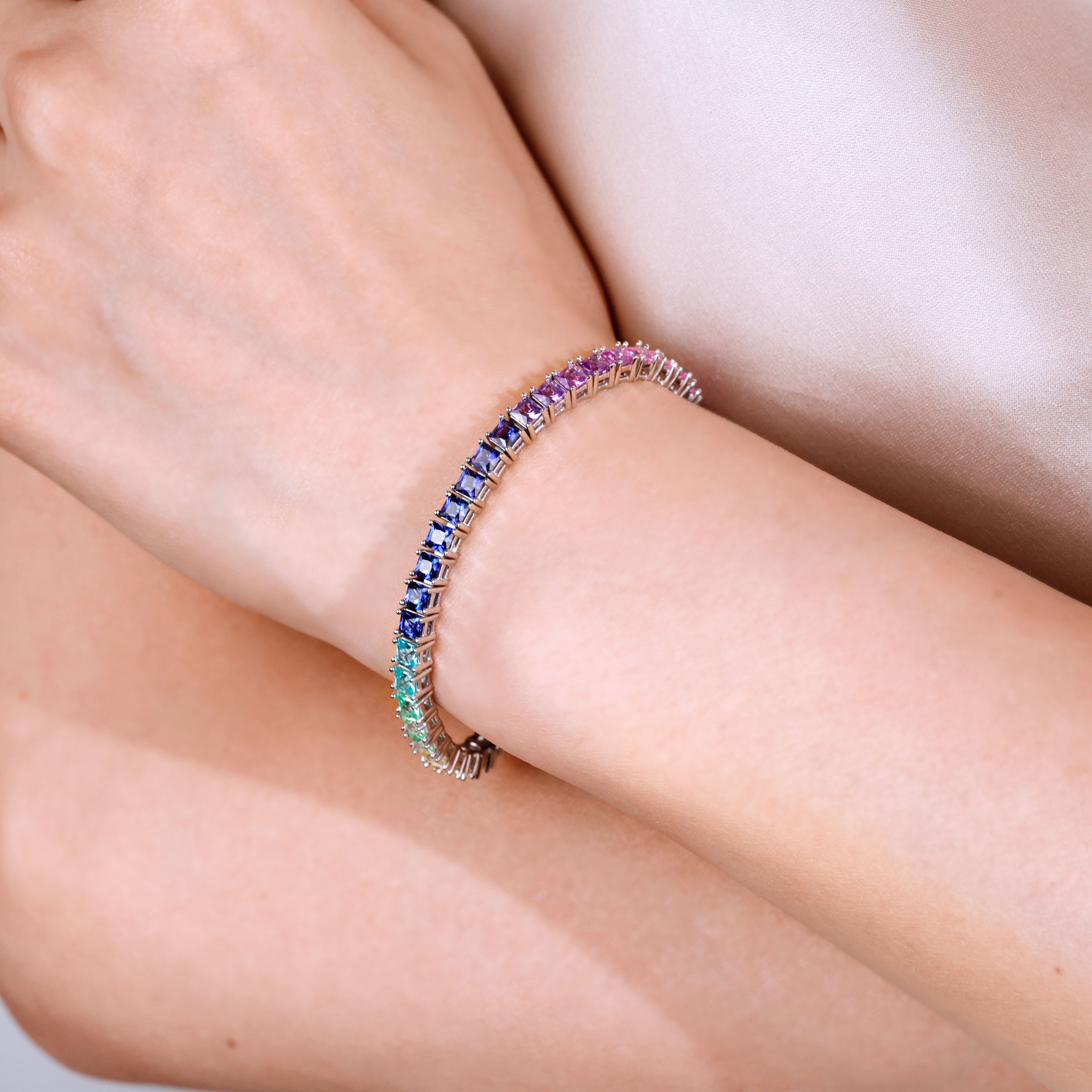 Rainbow Princess‑Cut Tennis Bracelet, Multi‑Color Square Gemstone, Available in Round Stones, S925 Sterling Silver Bespoke Fine Jewelry