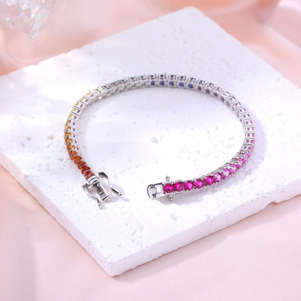 Rainbow Princess‑Cut Tennis Bracelet, Multi‑Color Square Gemstone, Available in Round Stones, S925 Sterling Silver Bespoke Fine Jewelry