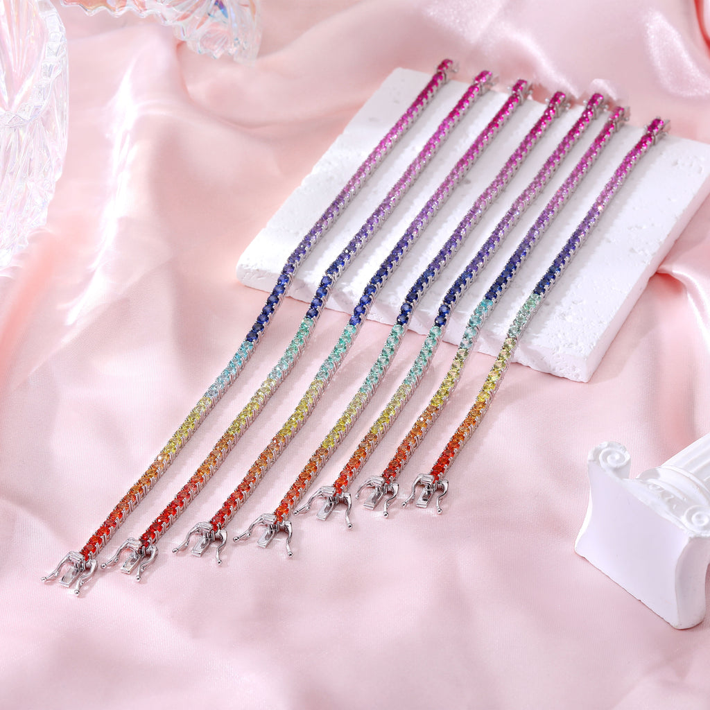 Rainbow Princess‑Cut Tennis Bracelet, Multi‑Color Square Gemstone, Available in Round Stones, S925 Sterling Silver Bespoke Fine Jewelry