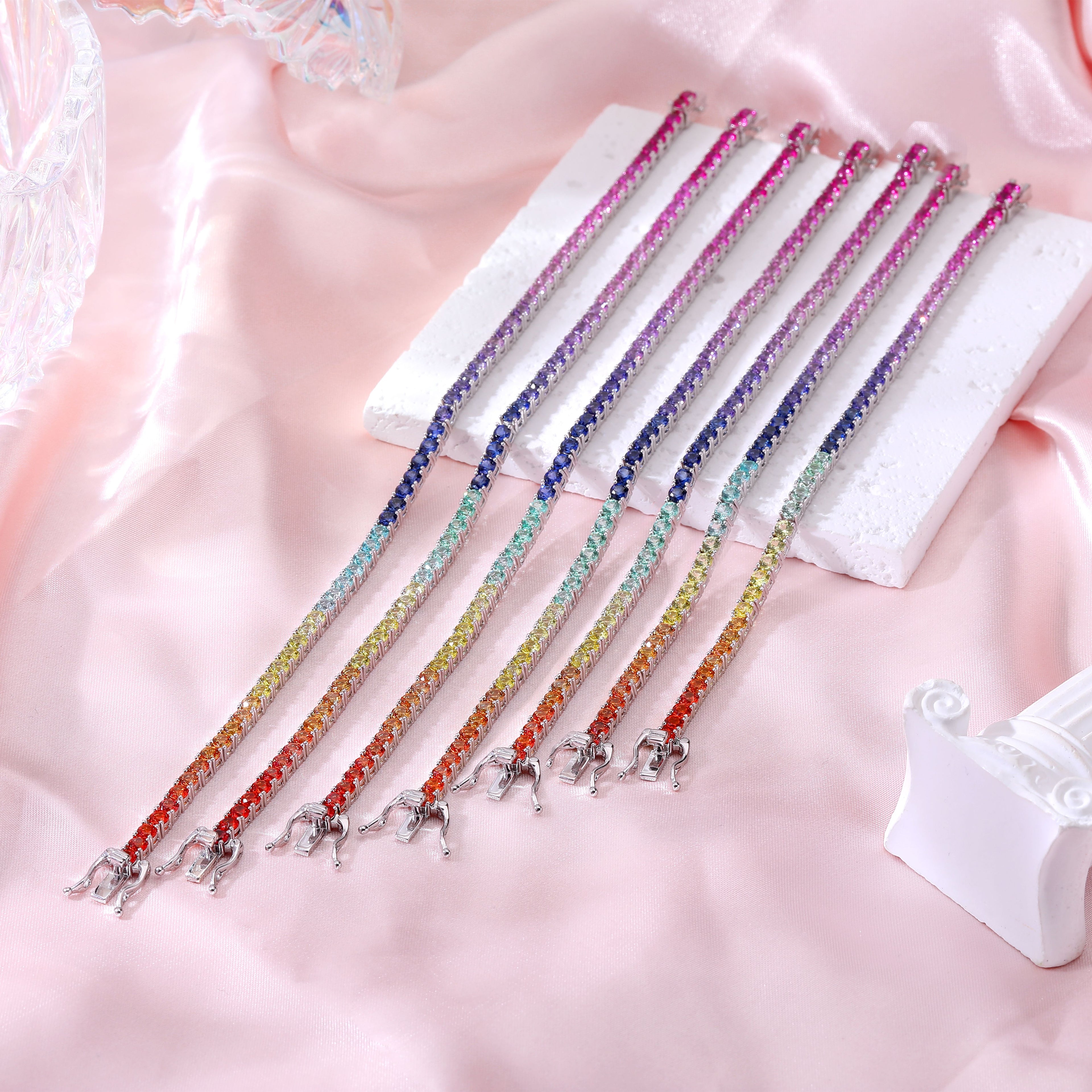 Rainbow Princess‑Cut Tennis Bracelet, Multi‑Color Square Gemstone, Available in Round Stones, S925 Sterling Silver Bespoke Fine Jewelry