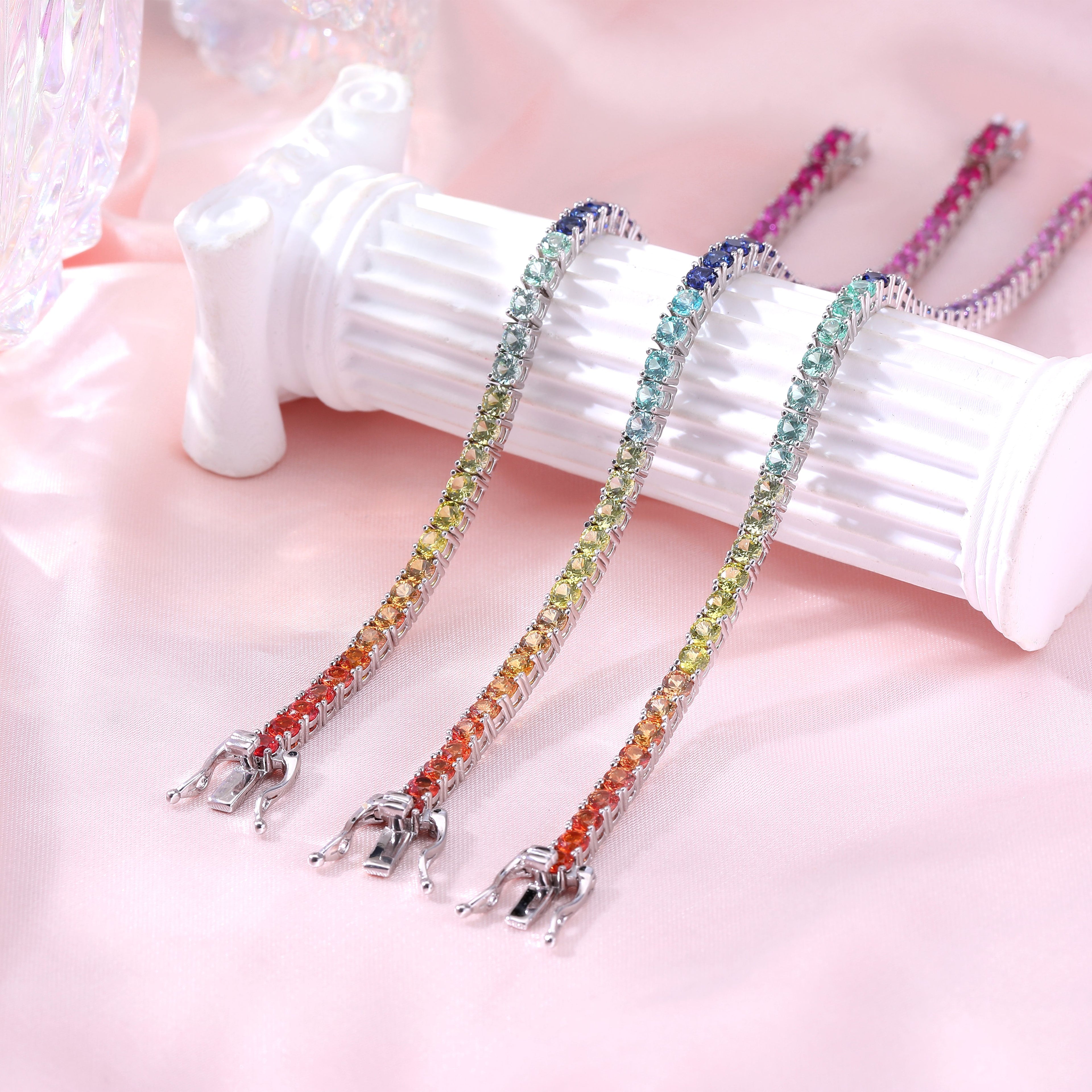 Rainbow Princess‑Cut Tennis Bracelet, Multi‑Color Square Gemstone, Available in Round Stones, S925 Sterling Silver Bespoke Fine Jewelry