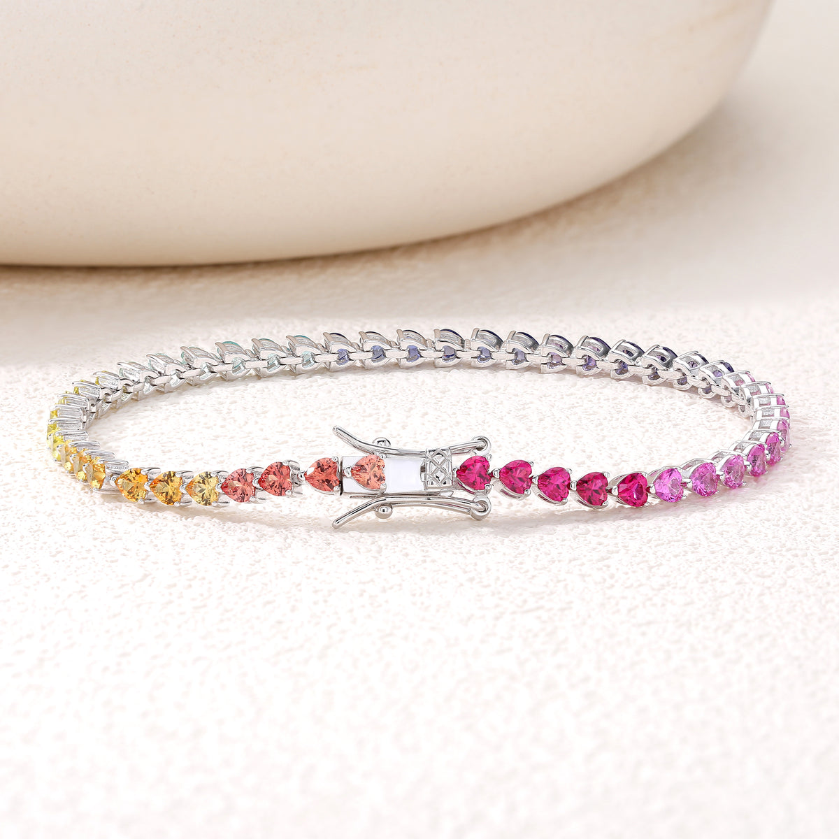 Rainbow Heart‑Shaped Gemstone Tennis Bracelet