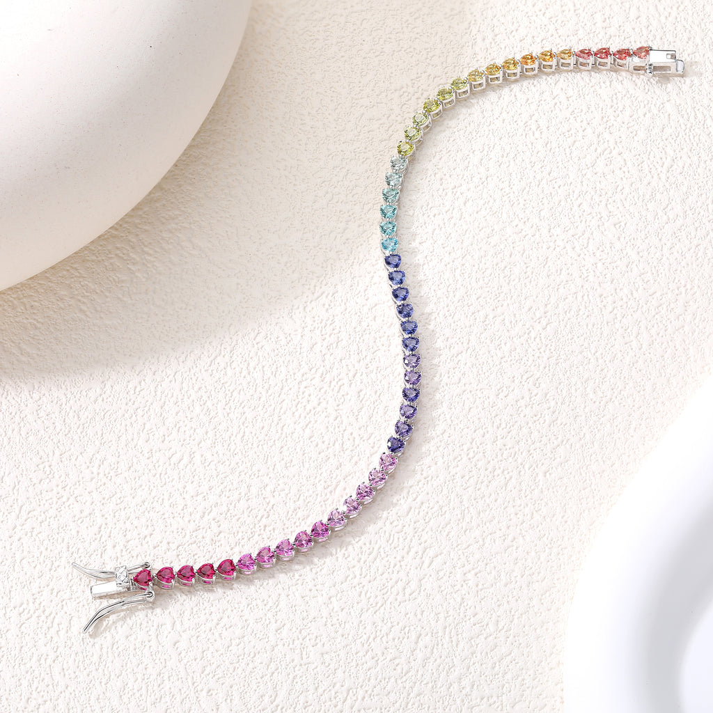 Rainbow Heart‑Shaped Gemstone Tennis Bracelet