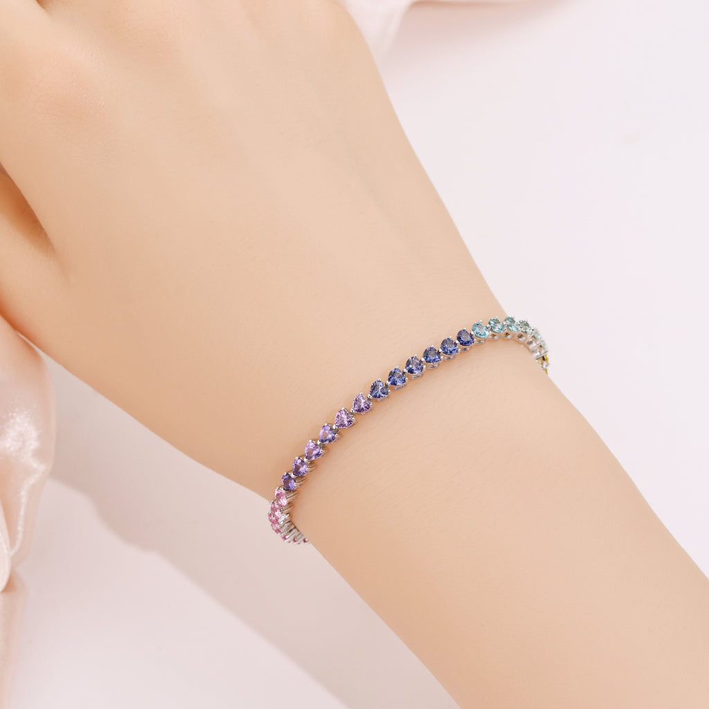 Rainbow Heart‑Shaped Gemstone Tennis Bracelet