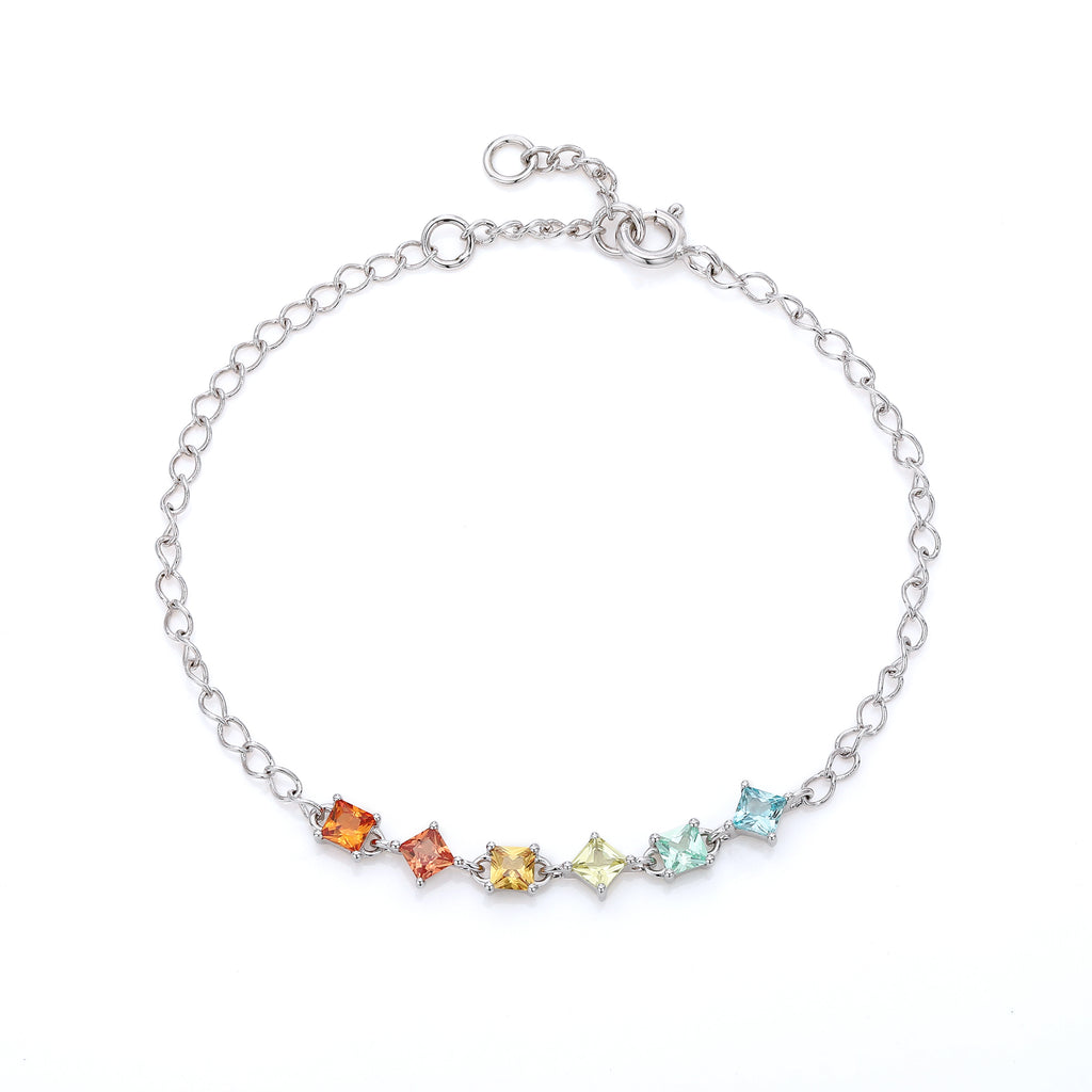 Rainbow Princess‑Cut 6‑Gemstone Silver Bracelet