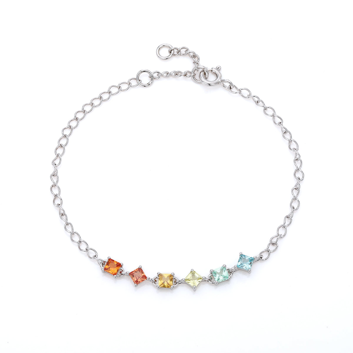 Rainbow Princess‑Cut 6‑Gemstone Silver Bracelet