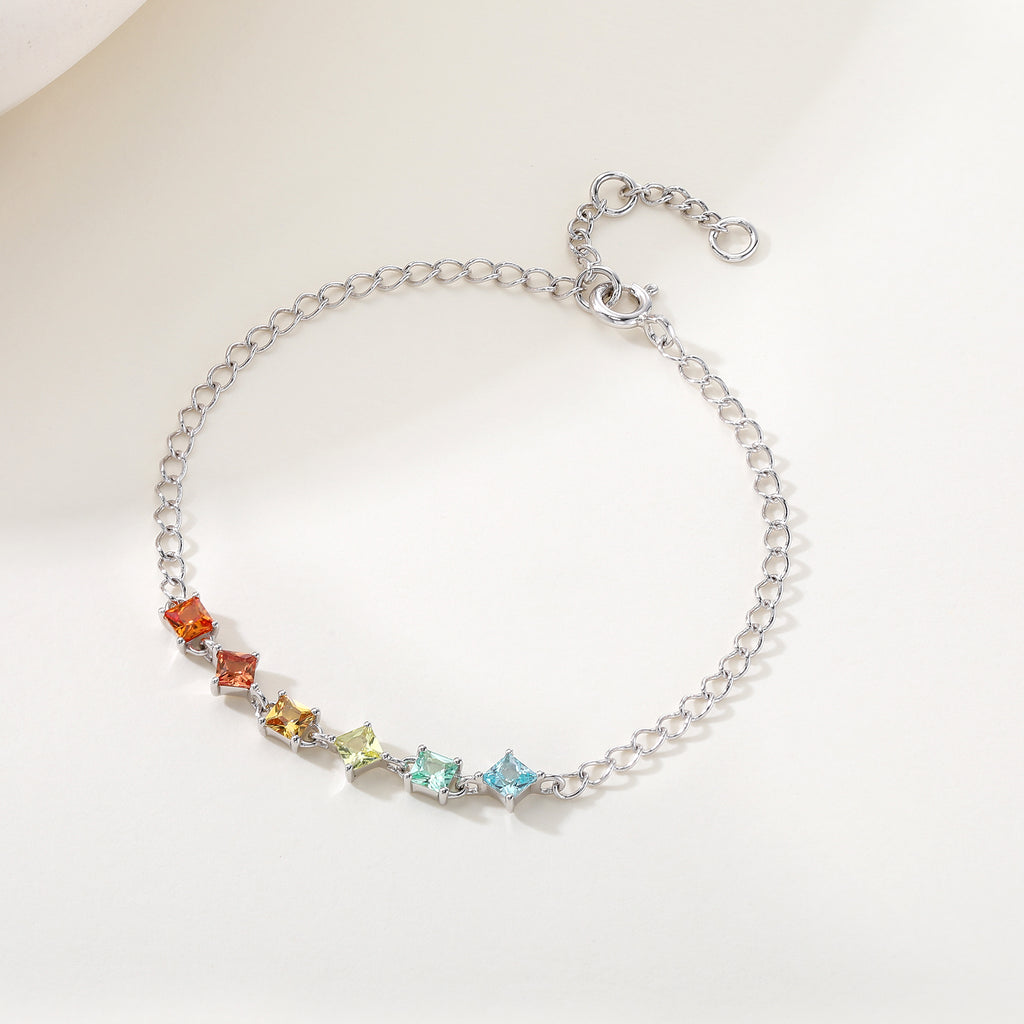 Rainbow Princess‑Cut 6‑Gemstone Silver Bracelet